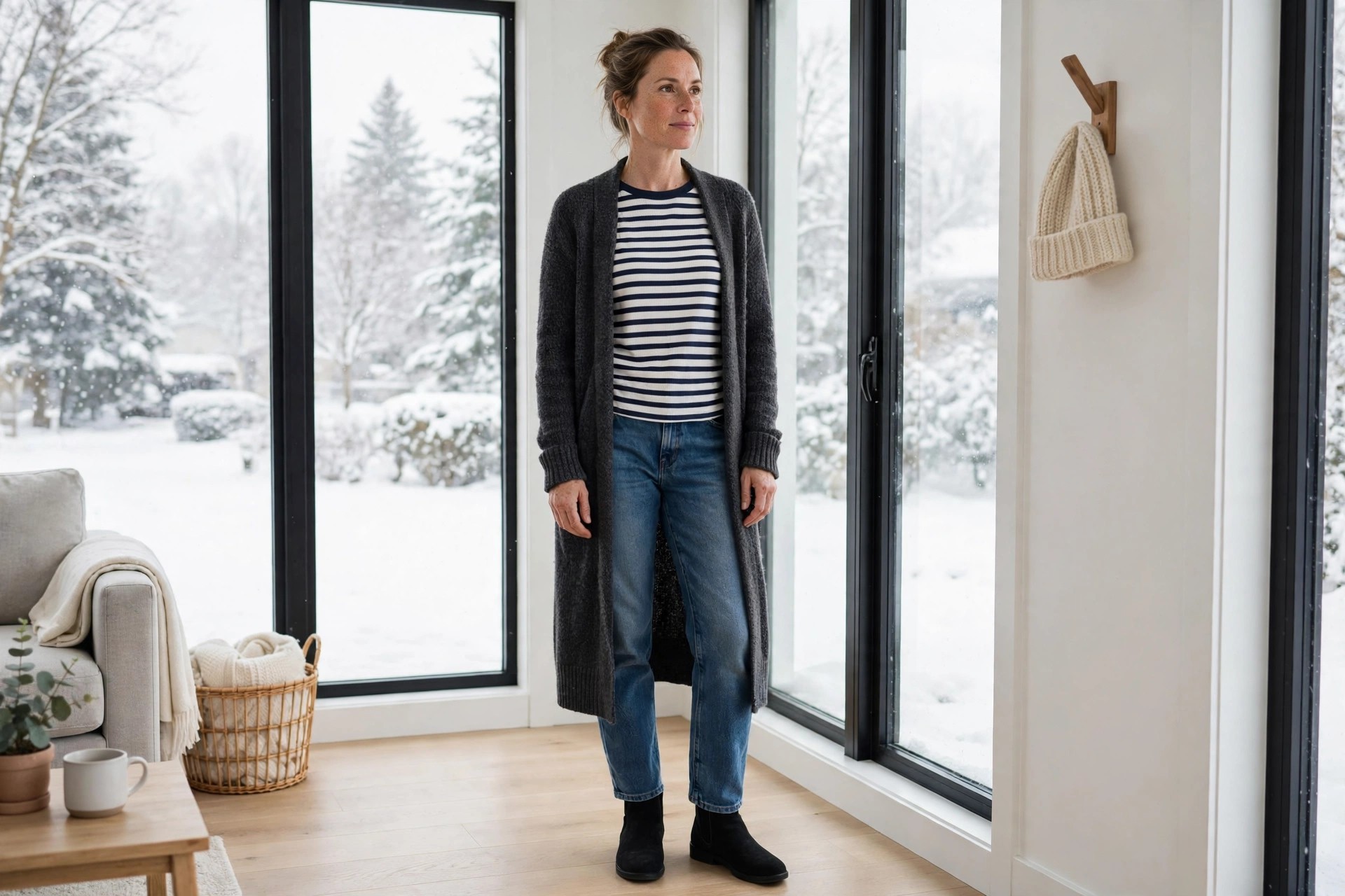 Woman in medium wash jeans, a navy and white striped thermal top, and a long charcoal cardigan coat in a bright living room.