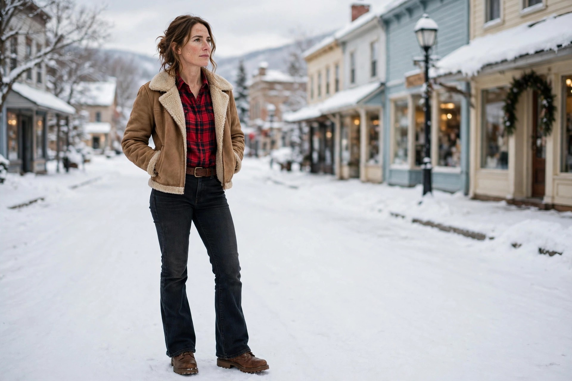 Woman in dark bootcut jeans, a red plaid flannel shirt, a brown belt, a short shearling-lined jacket, and brown lug-sole boots on a snowy street.