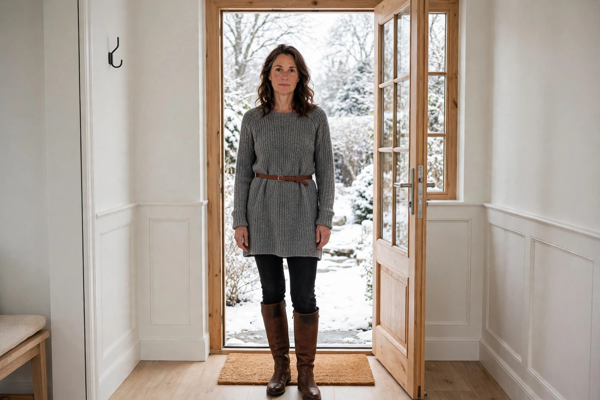 Woman in black slim jeans, a gray knit tunic dress over the jeans with a thin belt, and tall brown boots in a bright home entry.