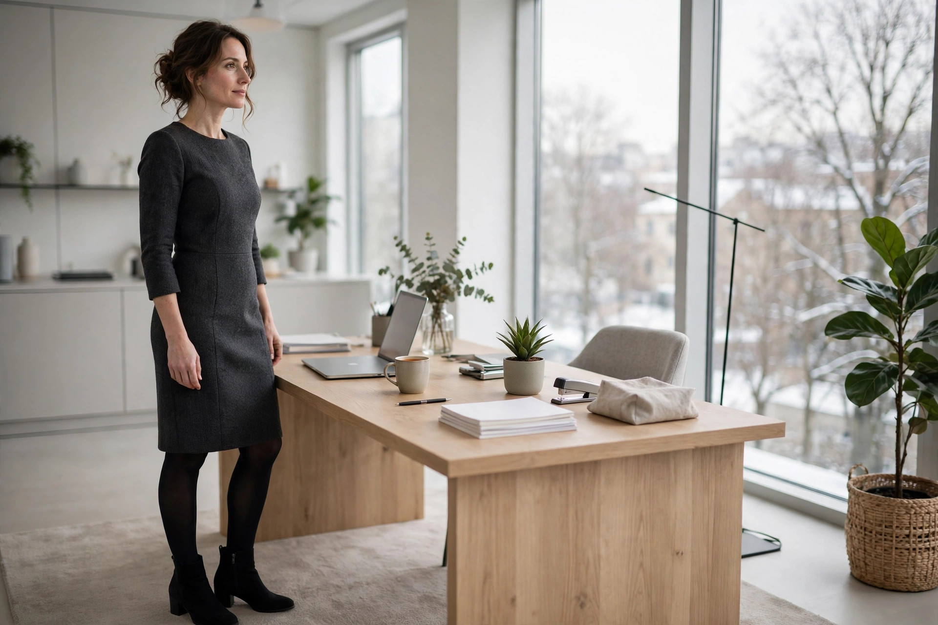 A woman in a charcoal wool sheath dress, black opaque tights and black ankle boots in an office