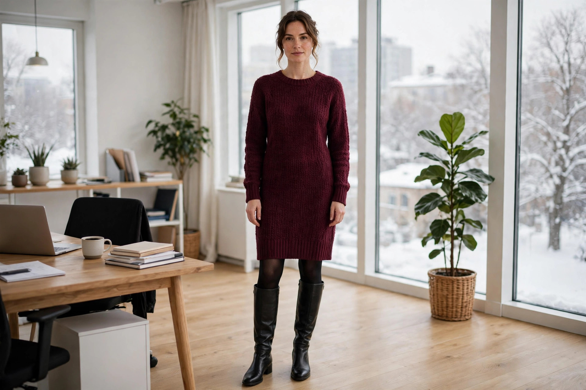 A woman in a burgundy sweater dress, black tights and black knee high boots in an office