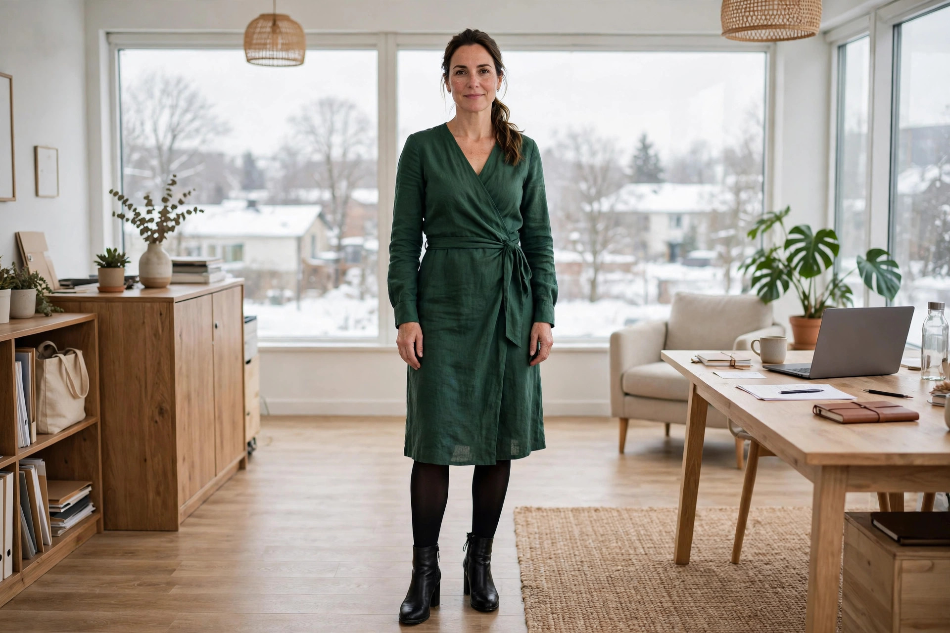 A woman in a forest green wrap dress, black tights and black heeled ankle boots in an office