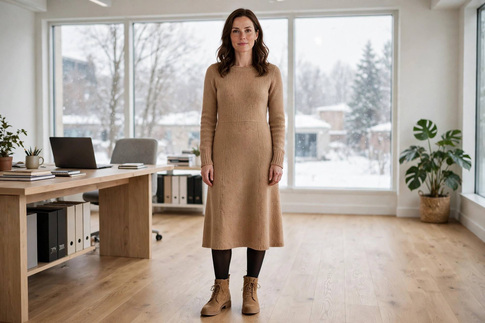 A woman in a camel knit midi dress, black tights and tan ankle boots in an office