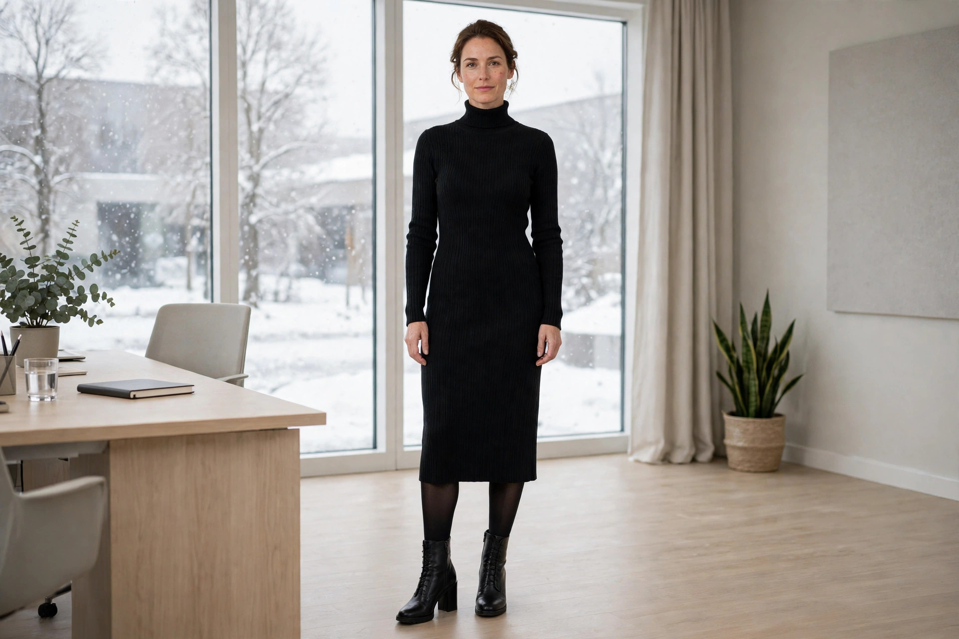 A woman in a black turtleneck midi dress, black tights and black block heel boots in an office