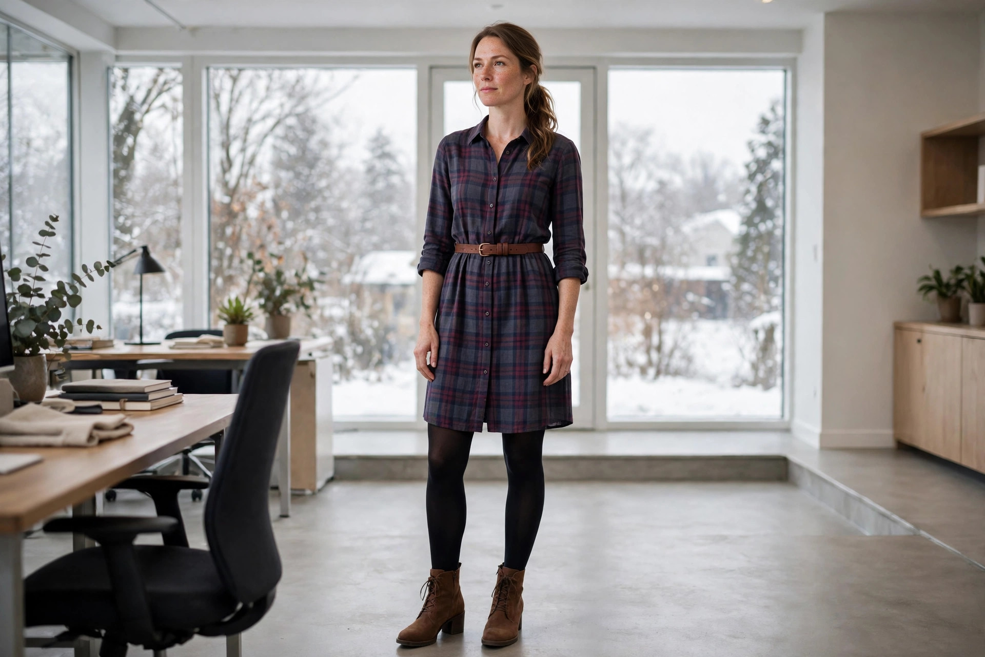 A woman in a plaid shirt dress, black tights and brown ankle boots in an office