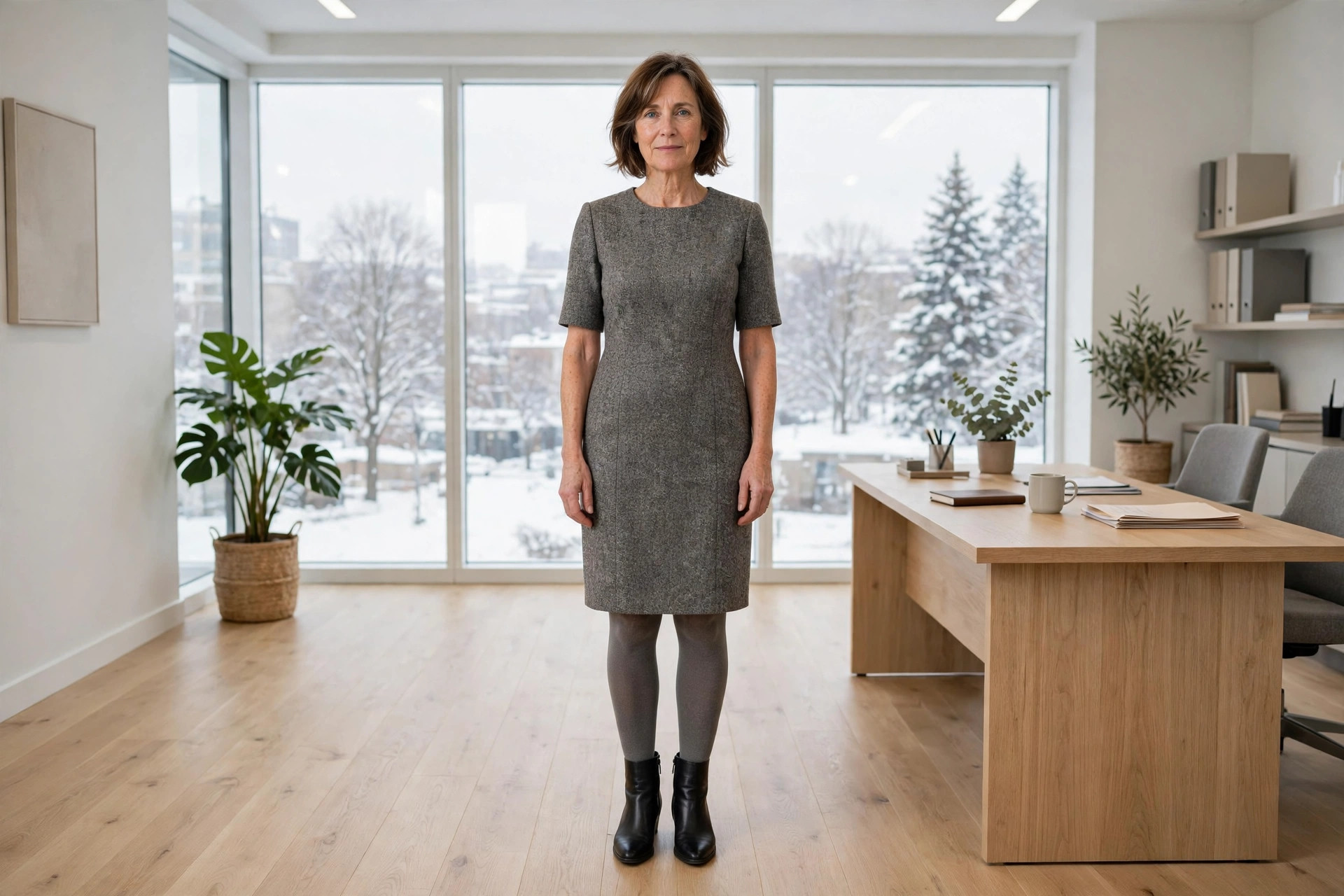 A woman in a grey tweed sheath dress, grey tights and black ankle boots in a formal office