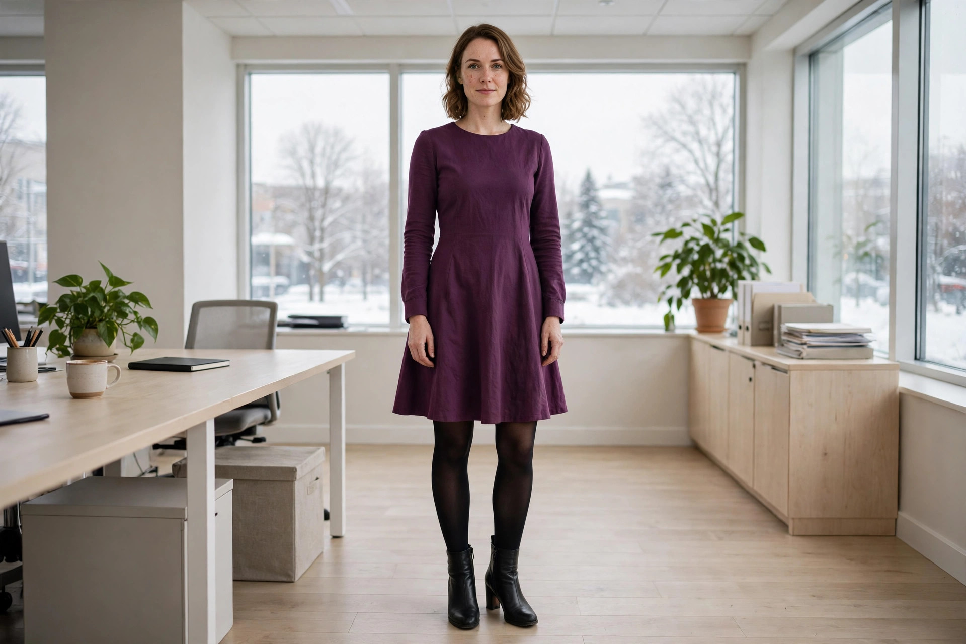 A woman in a plum A line dress, black tights and black heeled ankle boots in an office