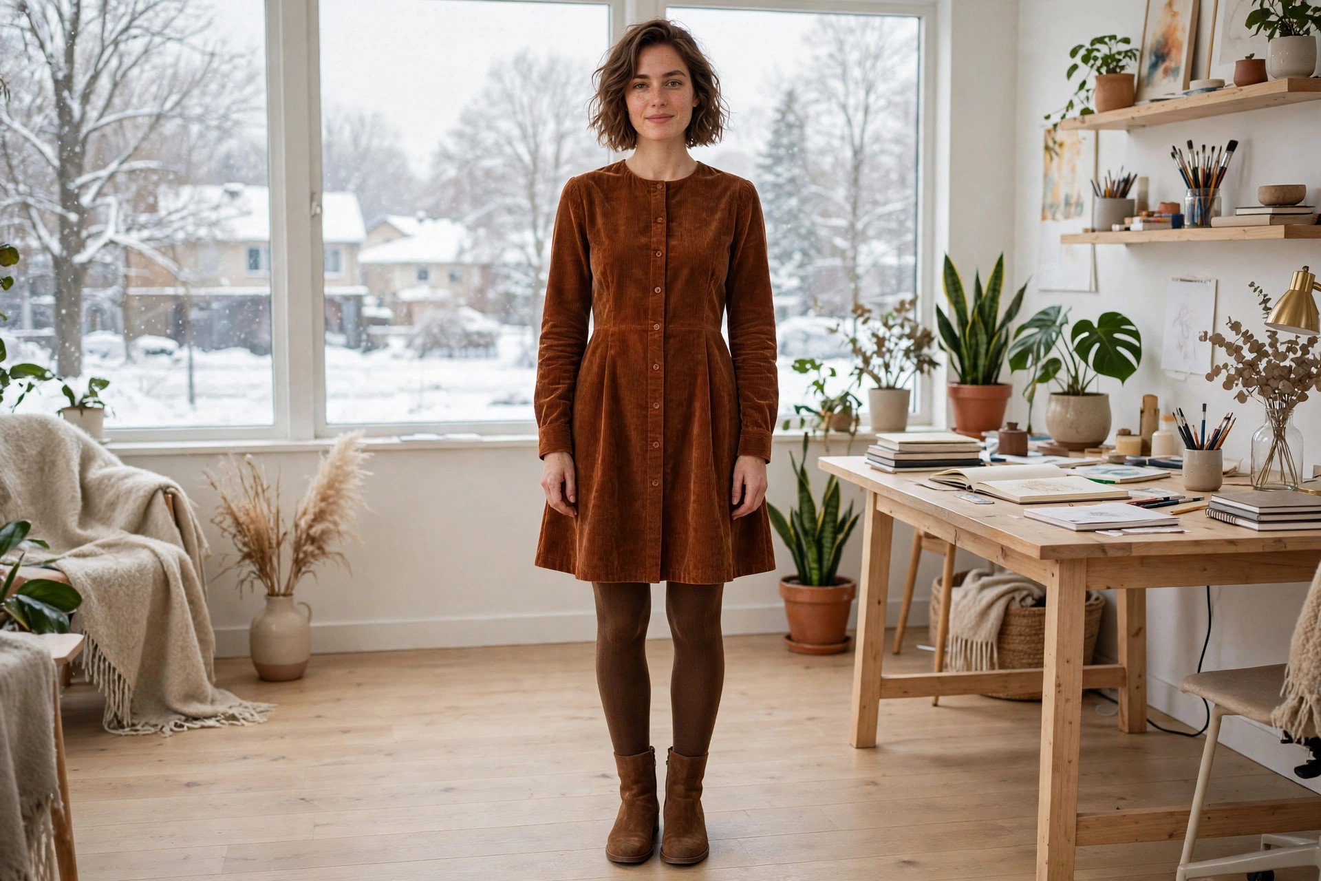 A woman in a rust corduroy dress, brown tights and brown suede ankle boots in an office