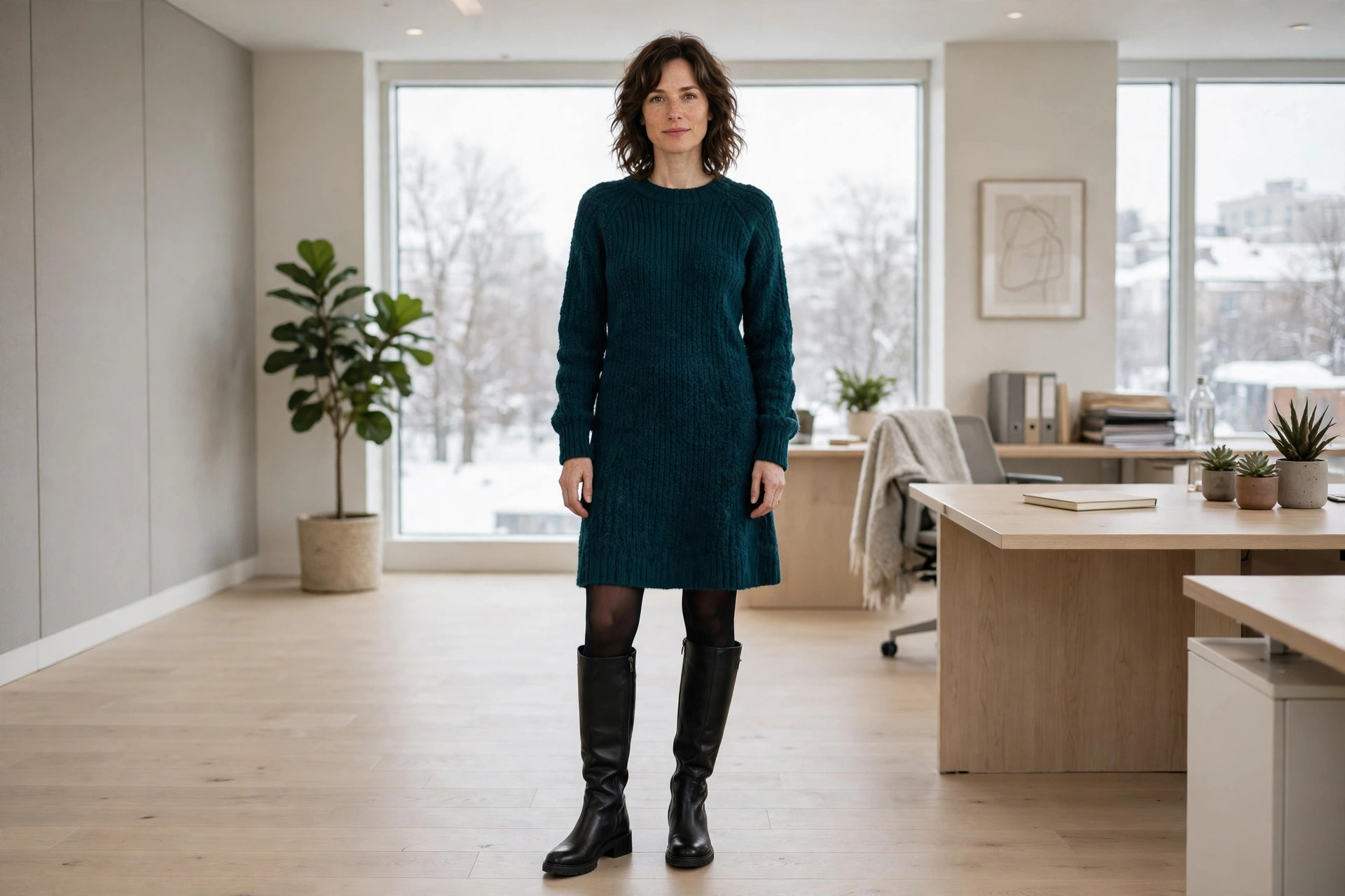 A woman in a teal sweater dress, black tights and black knee high boots in an office
