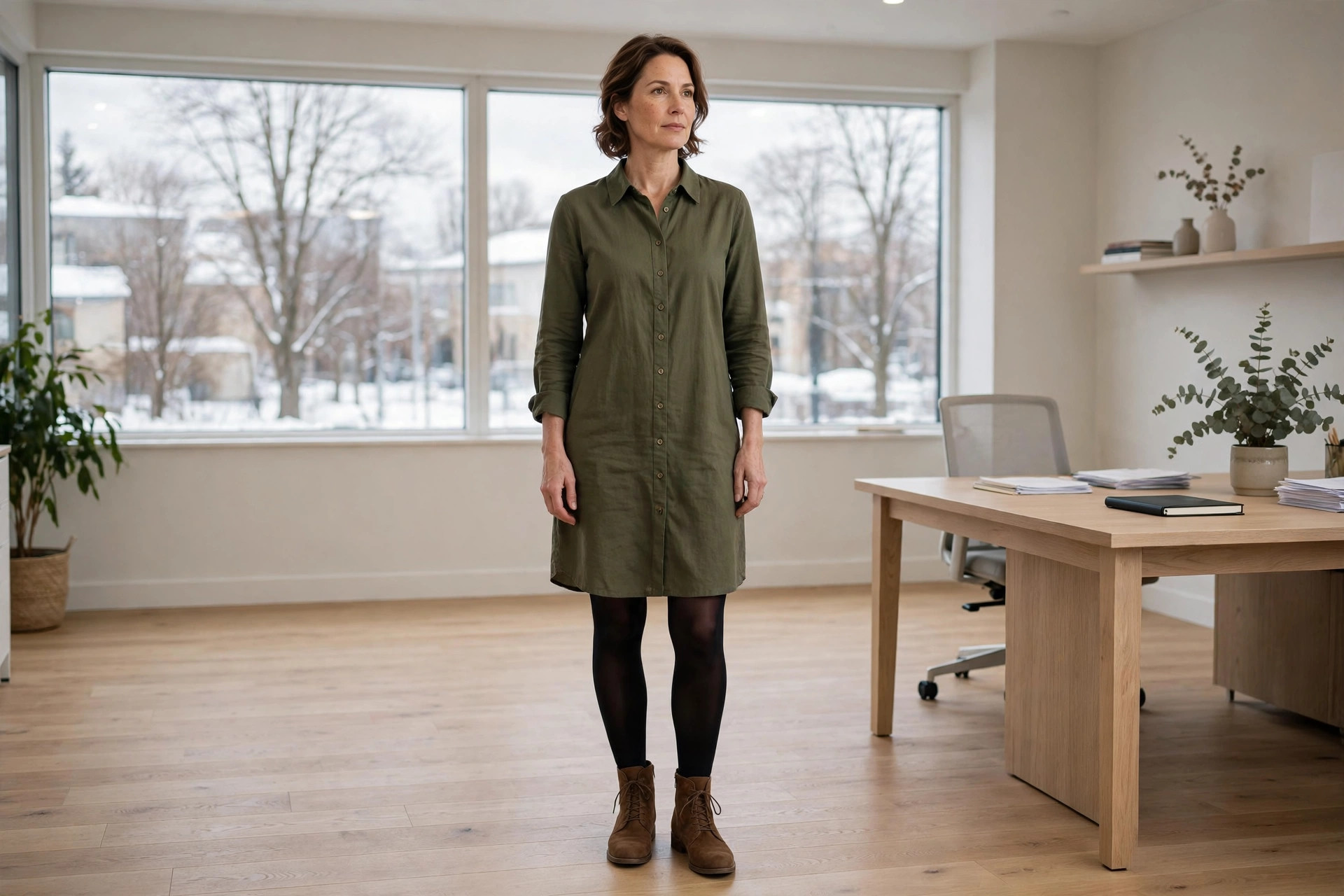 A woman in an olive shirt dress, black tights and brown ankle boots in an office