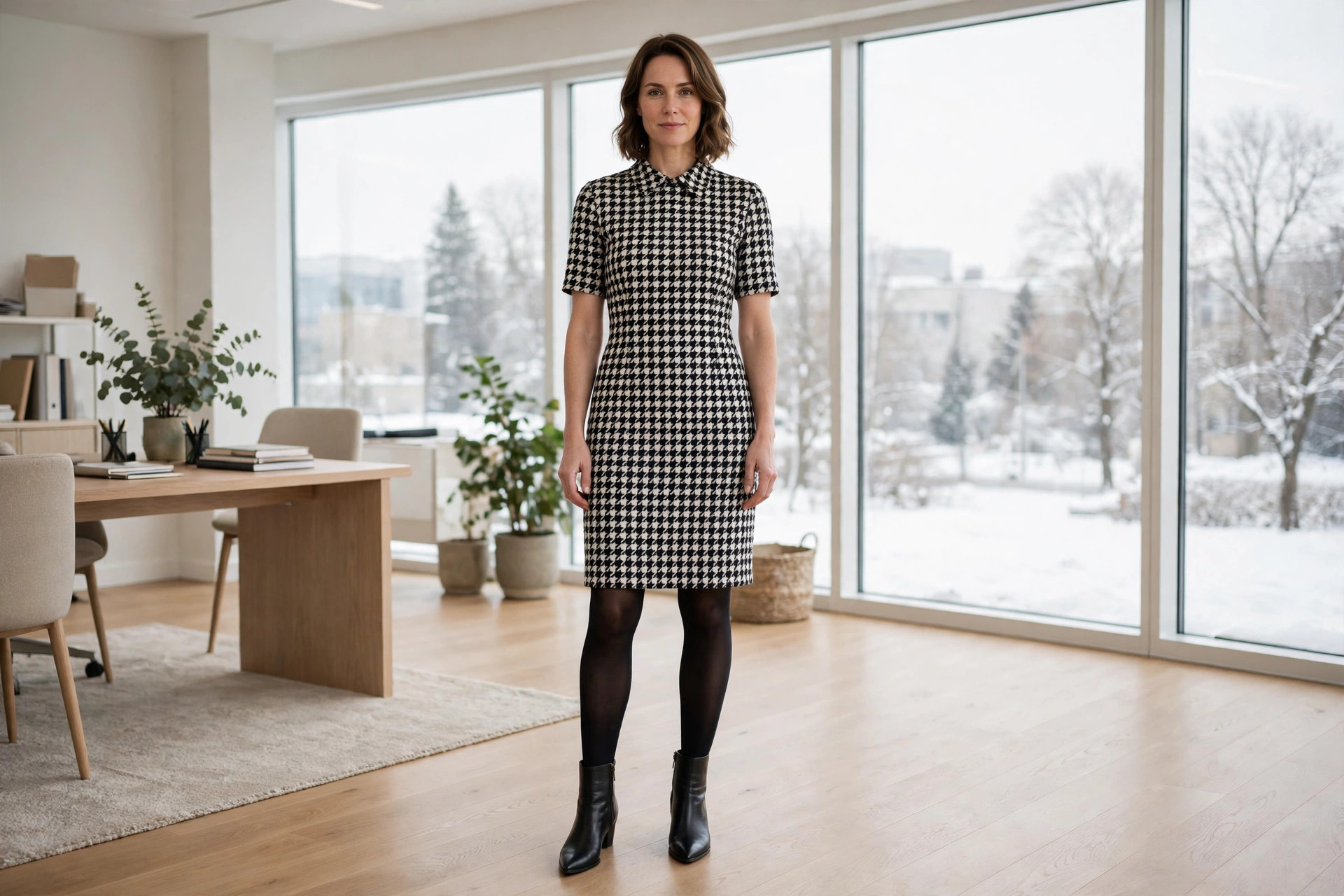 A woman in a black and white houndstooth sheath dress, black tights and pointed black ankle boots in an office
