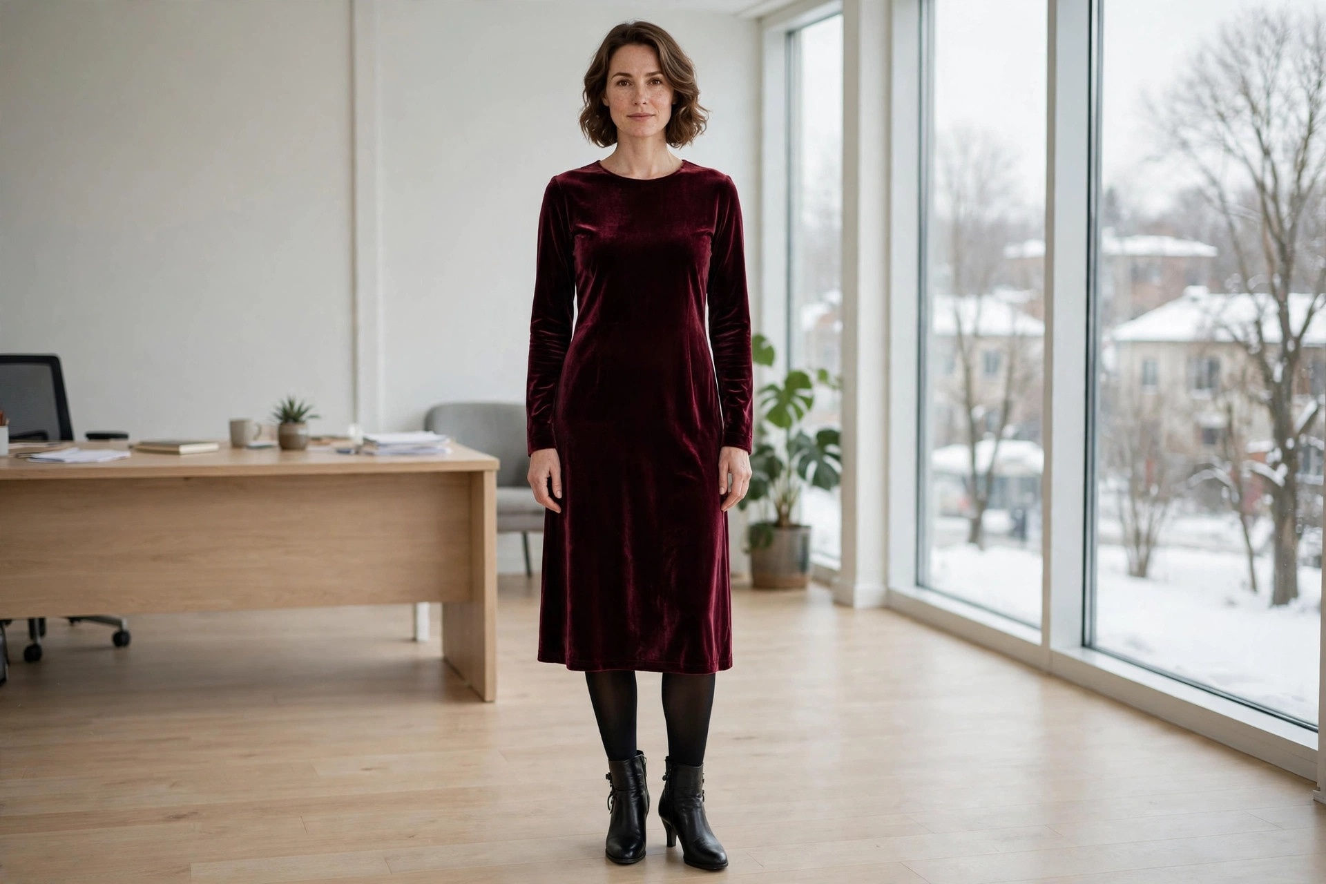 A woman in a wine velvet midi dress, black tights and black heeled boots in an office