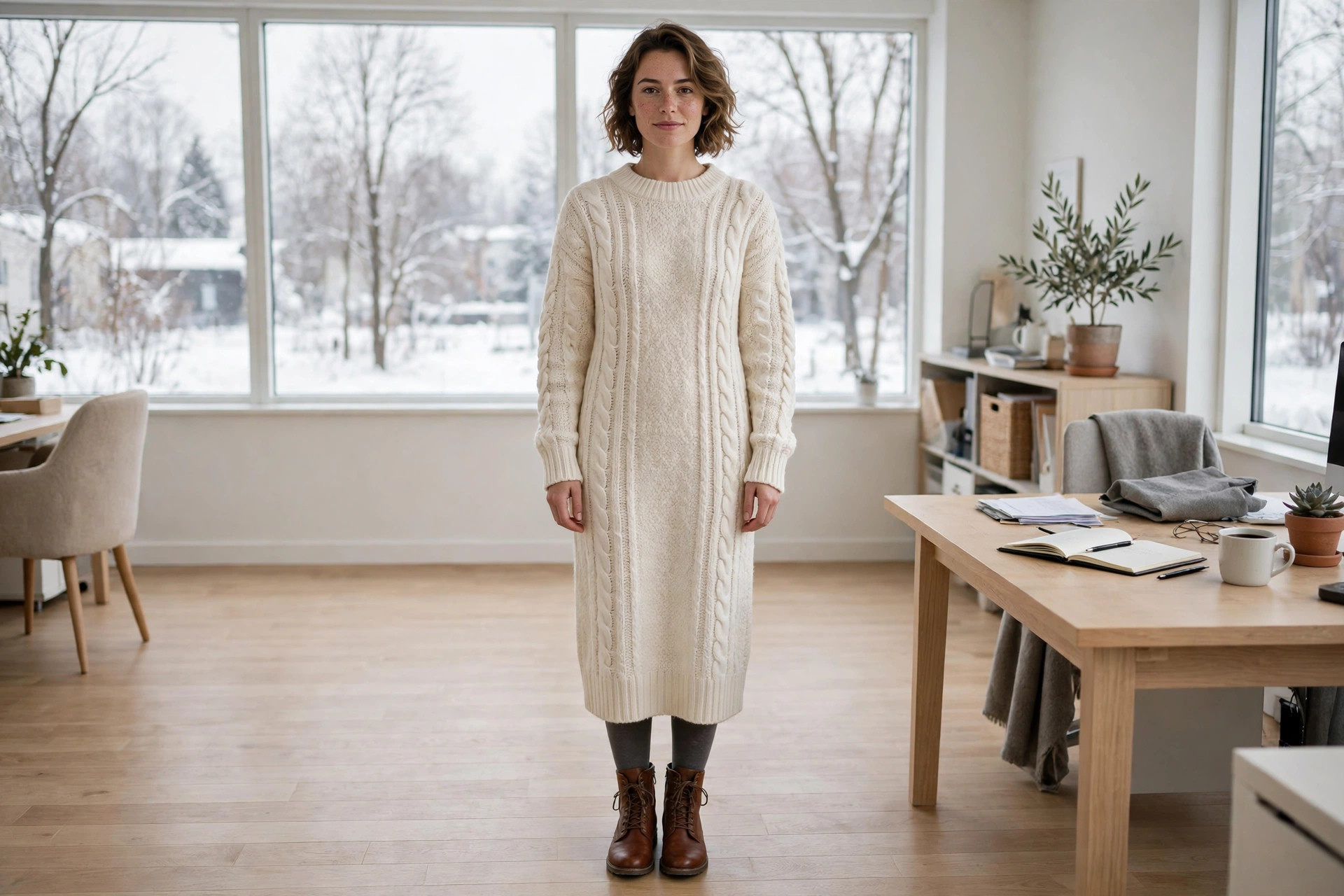 A woman in a cream knit dress, dark tights and brown ankle boots in an office