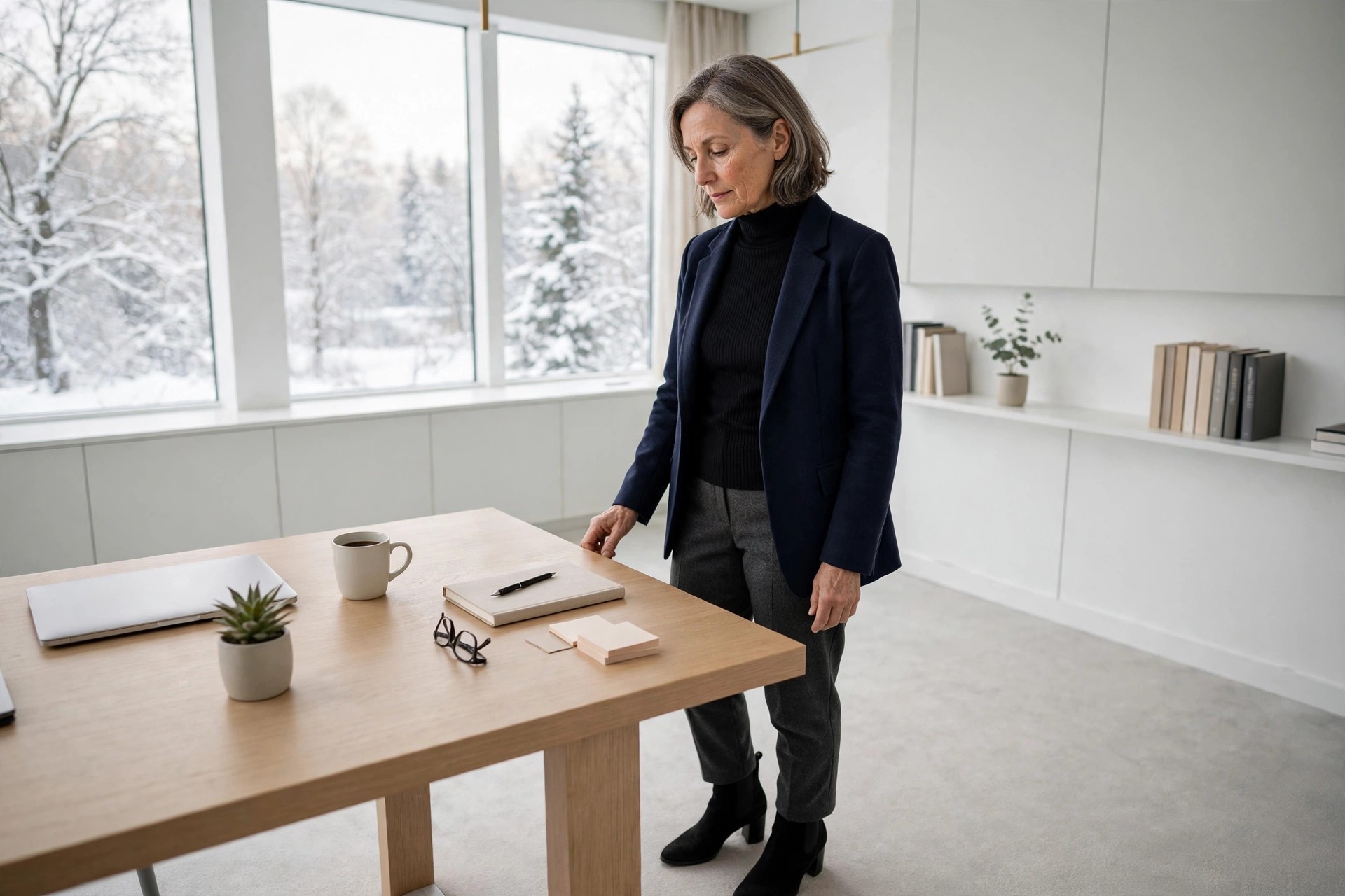 Woman over 50 in a black turtleneck, charcoal wool trousers and an open navy blazer standing by a desk in a winter office