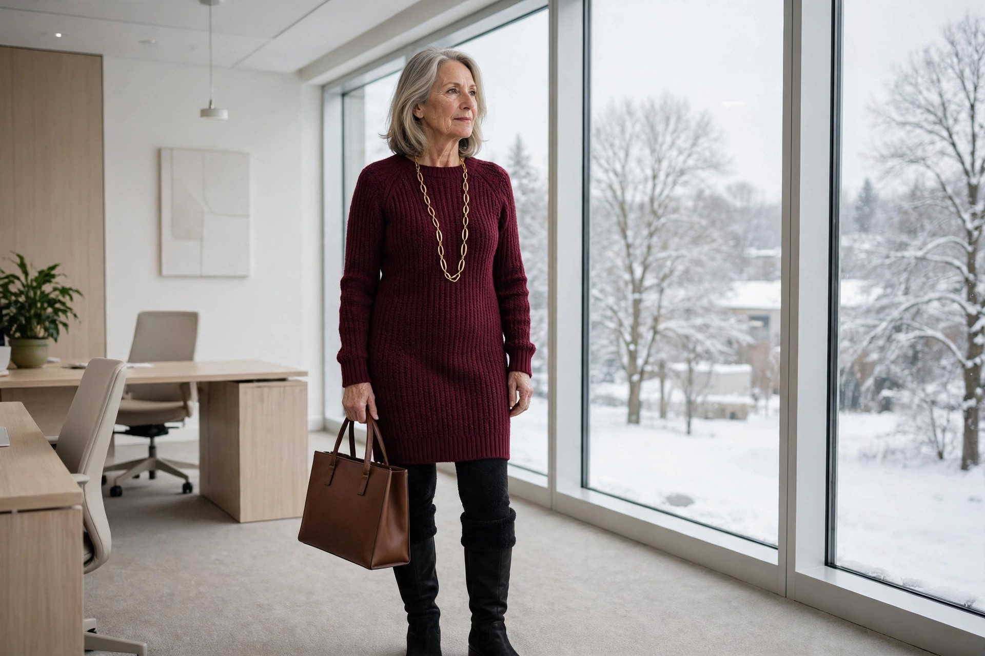 Woman over 50 in a burgundy knit sweater dress, black tights and black knee boots holding a brown tote by office windows with snow outside