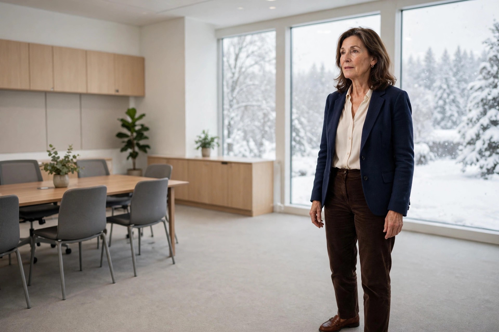 Woman over 50 in brown corduroy trousers, a cream blouse and a navy blazer with brown loafers in a training room