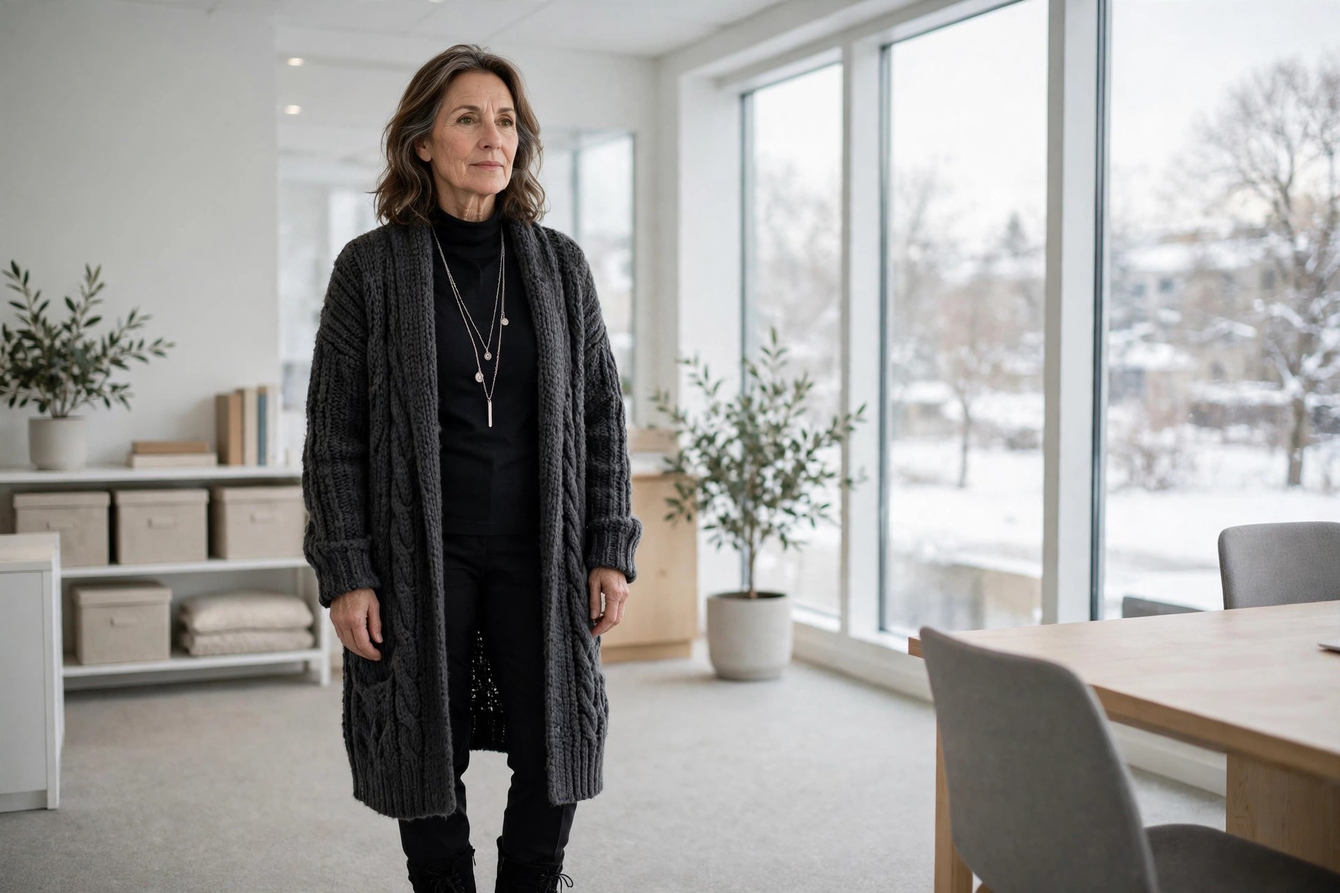 Woman over 50 in a long charcoal chunky cardigan over a black polo neck and black trousers with a long necklace in an office