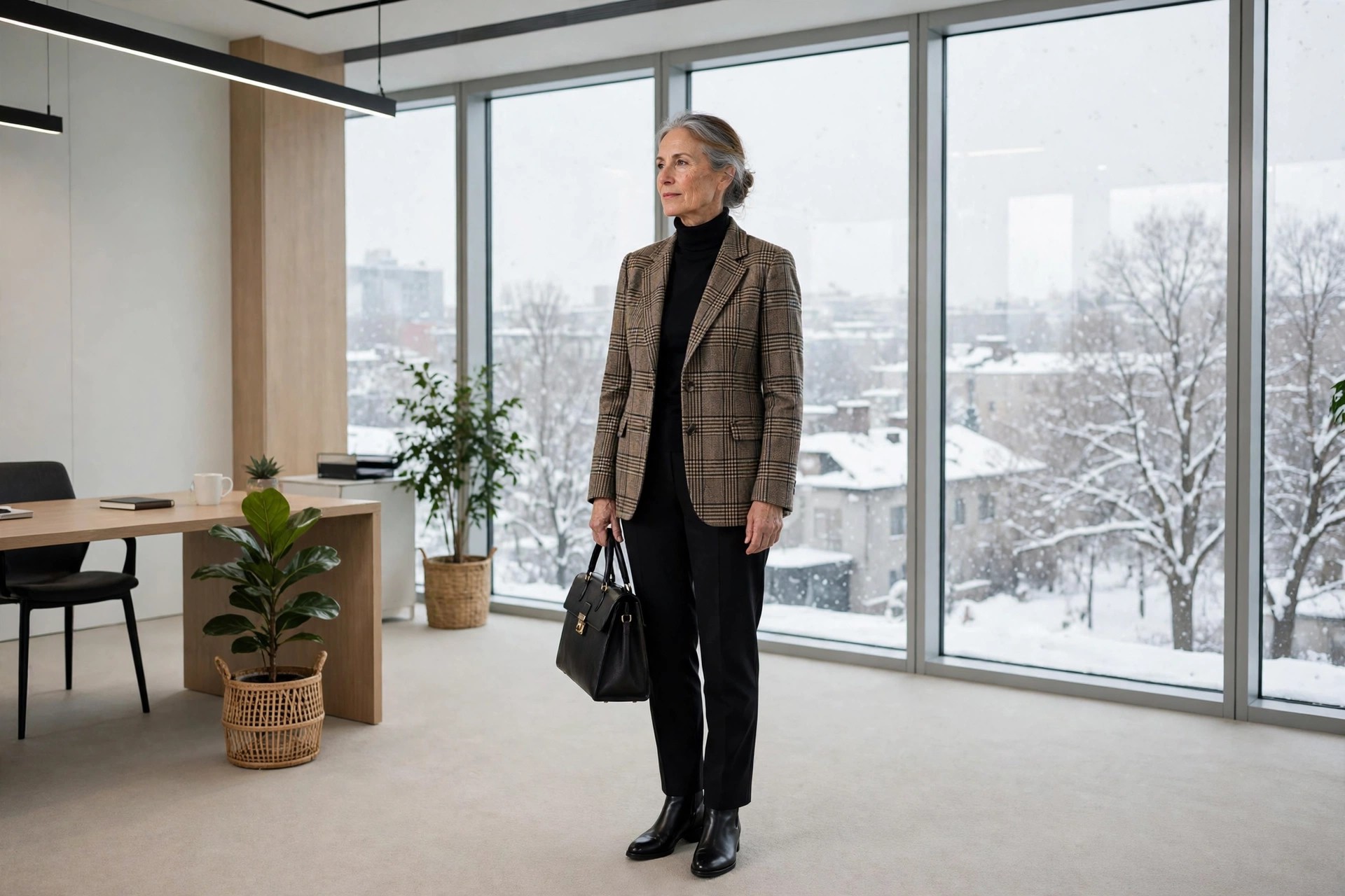 Woman over 50 with silver hair in a plaid wool blazer, black turtleneck and black trousers holding a black bag in a formal office