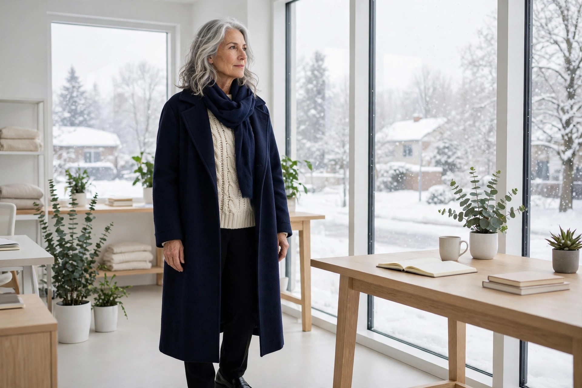 Woman over 50 with silver hair in a cream knit sweater, black trousers, long navy coat and navy scarf standing in a winter office