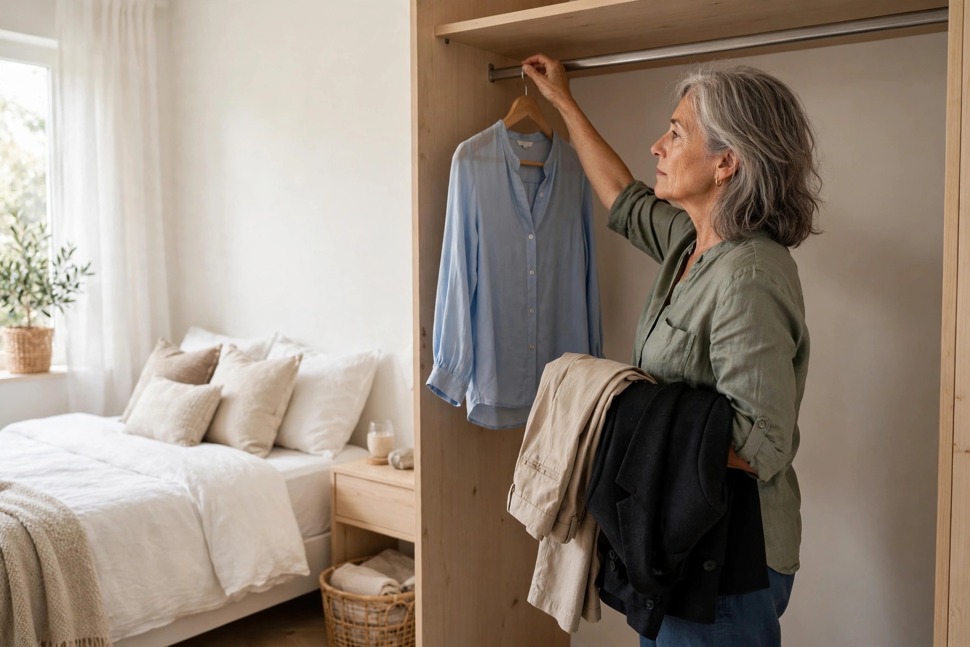 Woman over 50 hanging a blue blouse onto a closet rail with an armful of work clothes in a bright bedroom