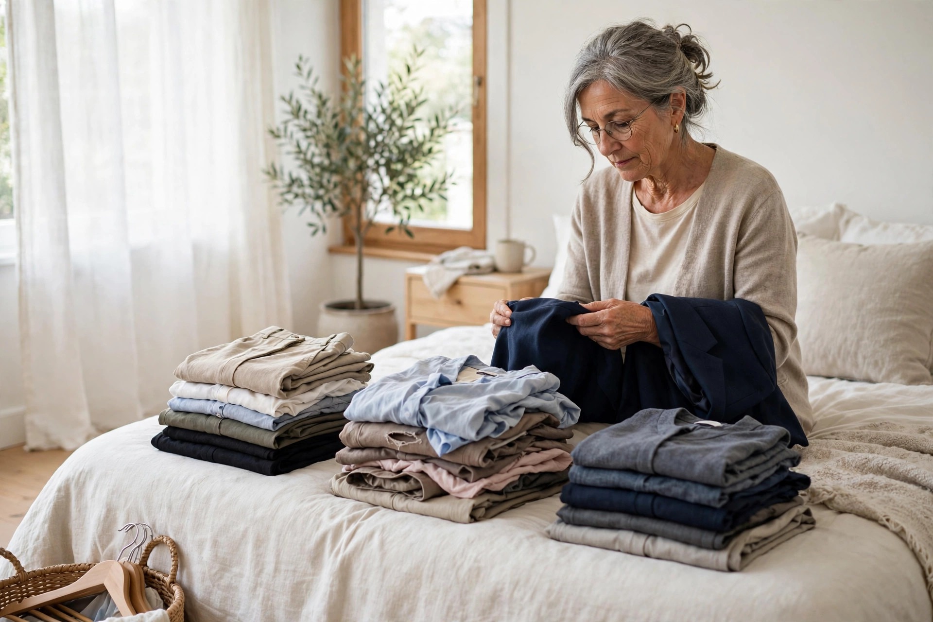 Woman over 50 sorting folded work clothes into neat piles on a bed while holding a navy blazer