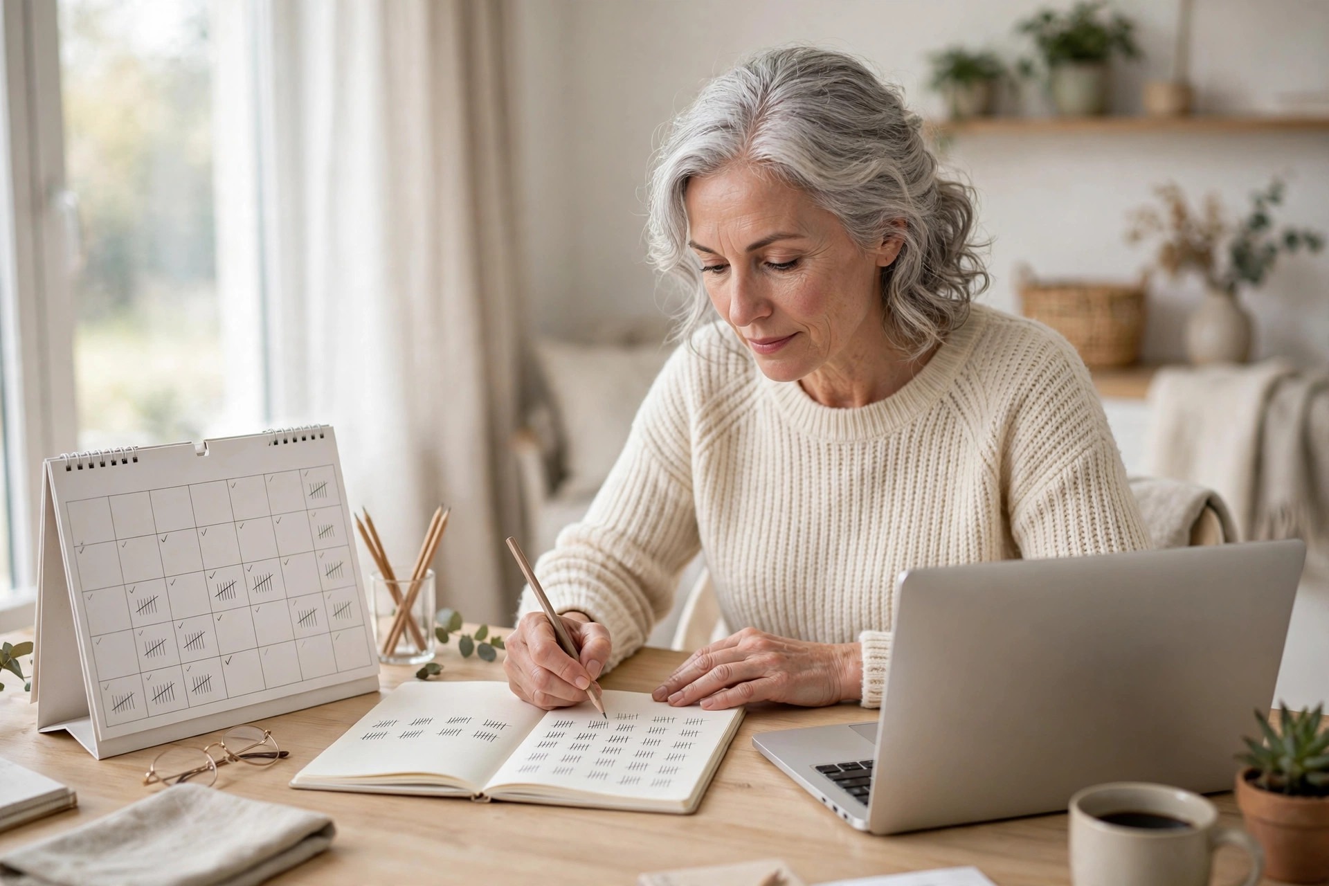 Woman over 50 with silver hair writing in a notebook at a desk with a calendar and laptop