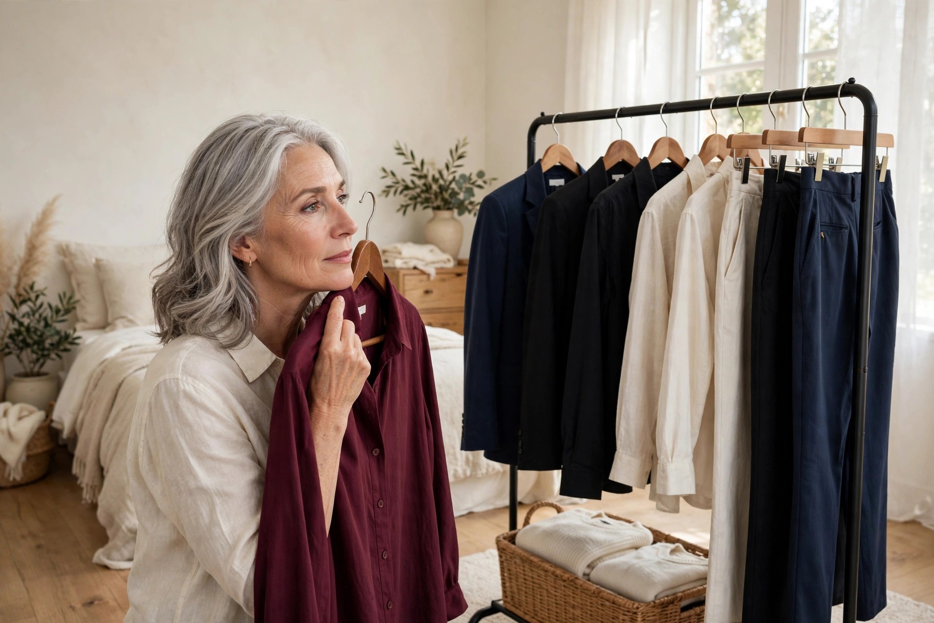 Woman over 50 holding a burgundy blouse beside her face next to a rail of navy, black and cream work clothes
