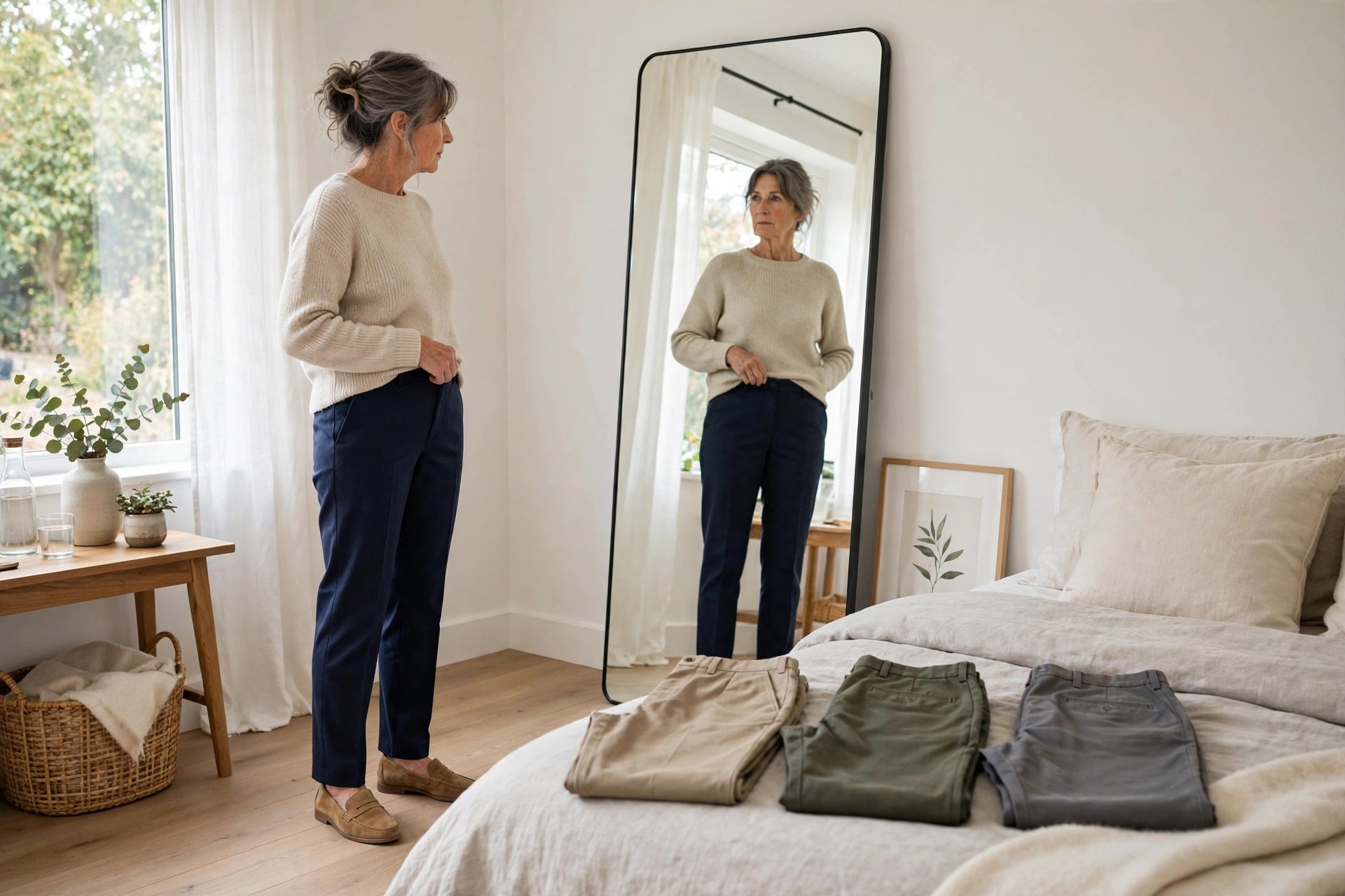Woman over 50 in navy trousers and tan loafers checking the fit in a full length mirror with folded trousers on the bed
