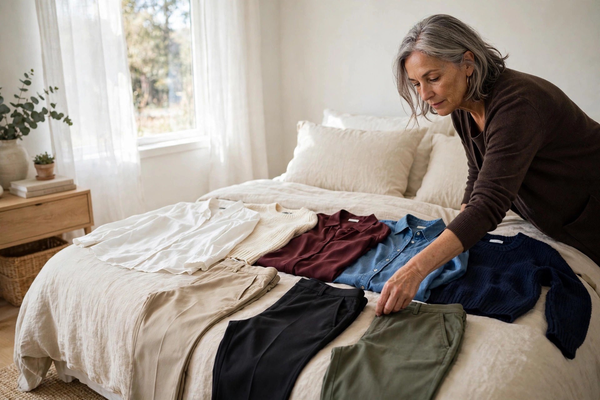Woman over 50 laying five work tops and three pairs of trousers across a bed to test combinations