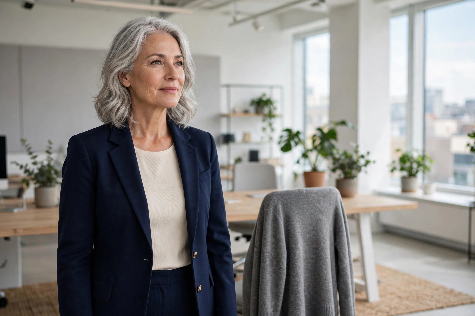 Woman over 50 in a navy blazer and cream top in a bright office with a grey cardigan over a chair