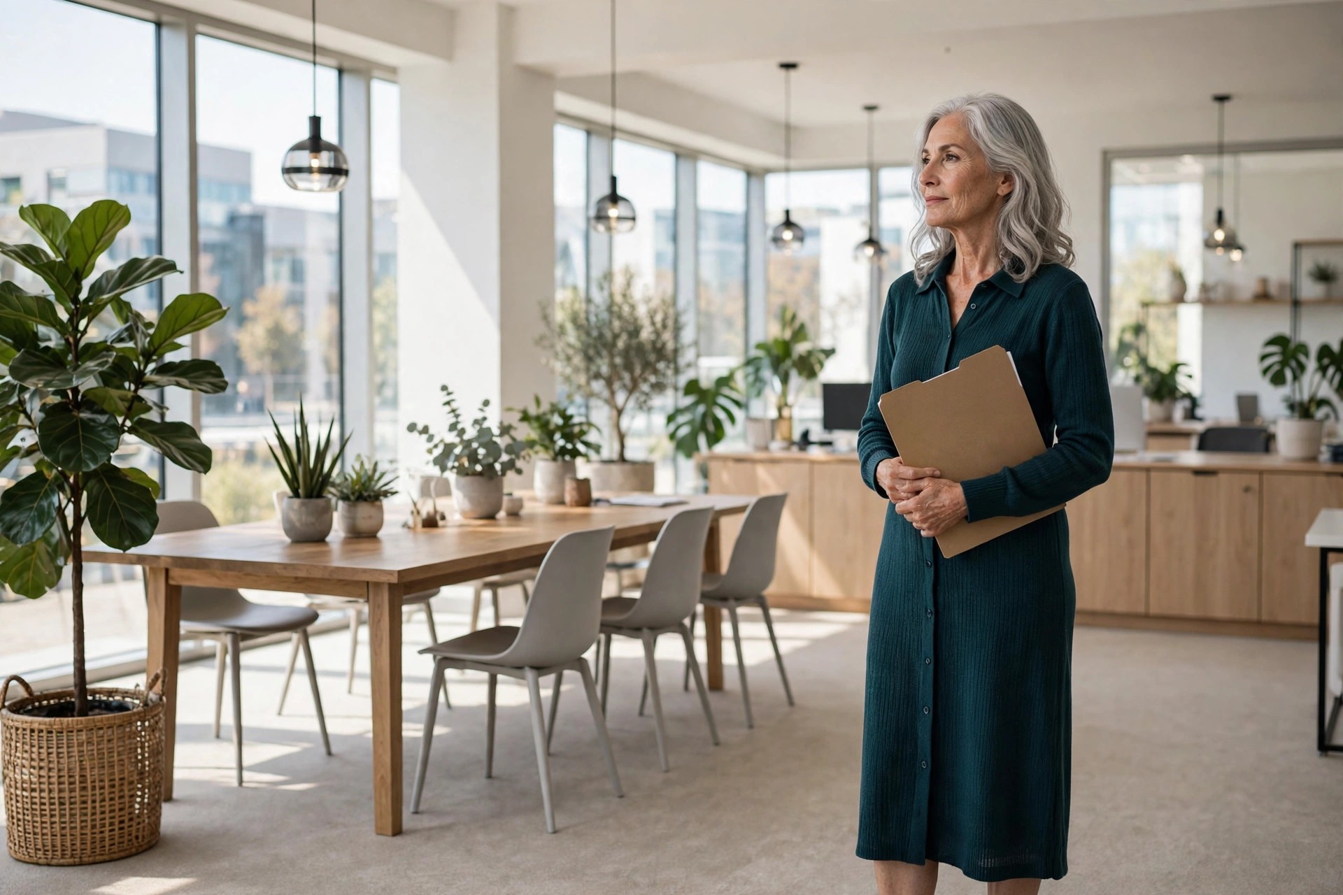 Woman over 50 in a dark teal shirt dress holding a folder in a bright modern office