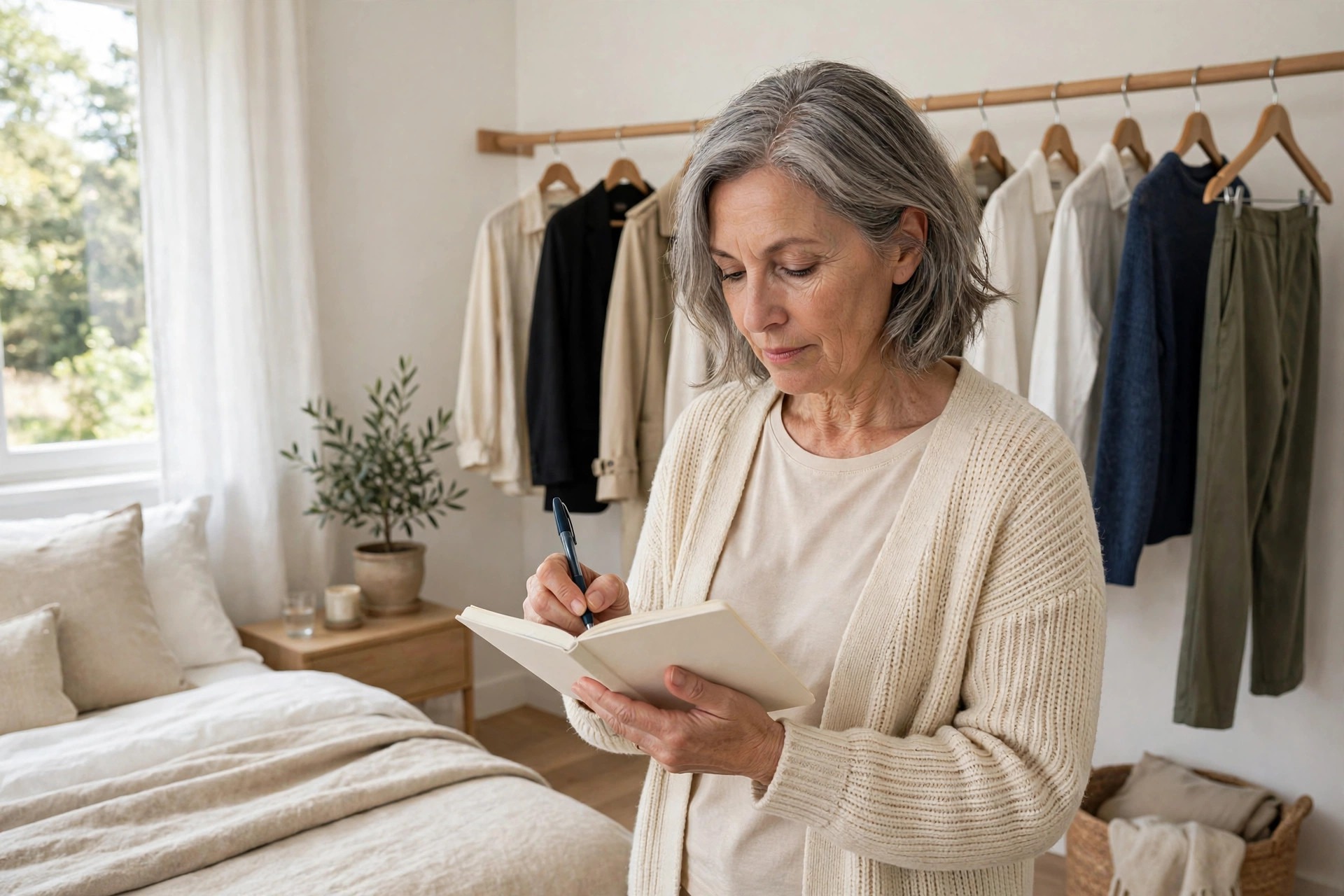 Woman over 50 writing a list in a notebook in front of her neat capsule wardrobe rail