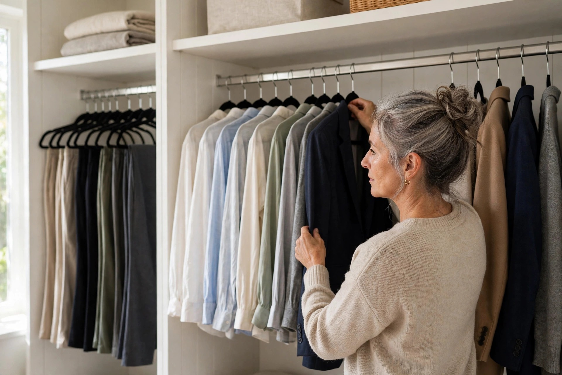 Woman over 50 hanging a navy blazer in a neat grouped closet with tops and trousers in their own sections