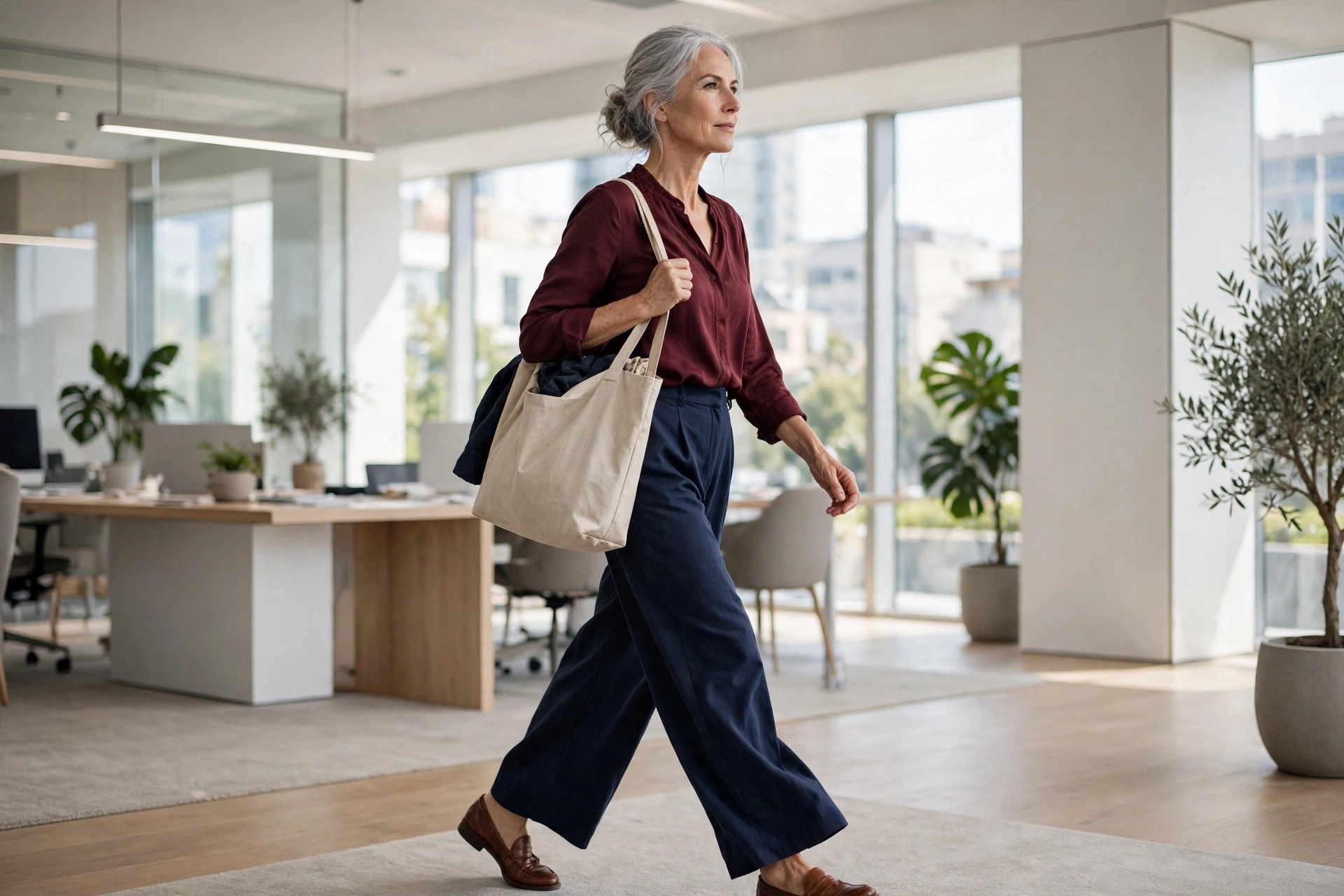 Woman over 50 in a burgundy blouse, navy wide-leg trousers and loafers walking through a bright office with a tote