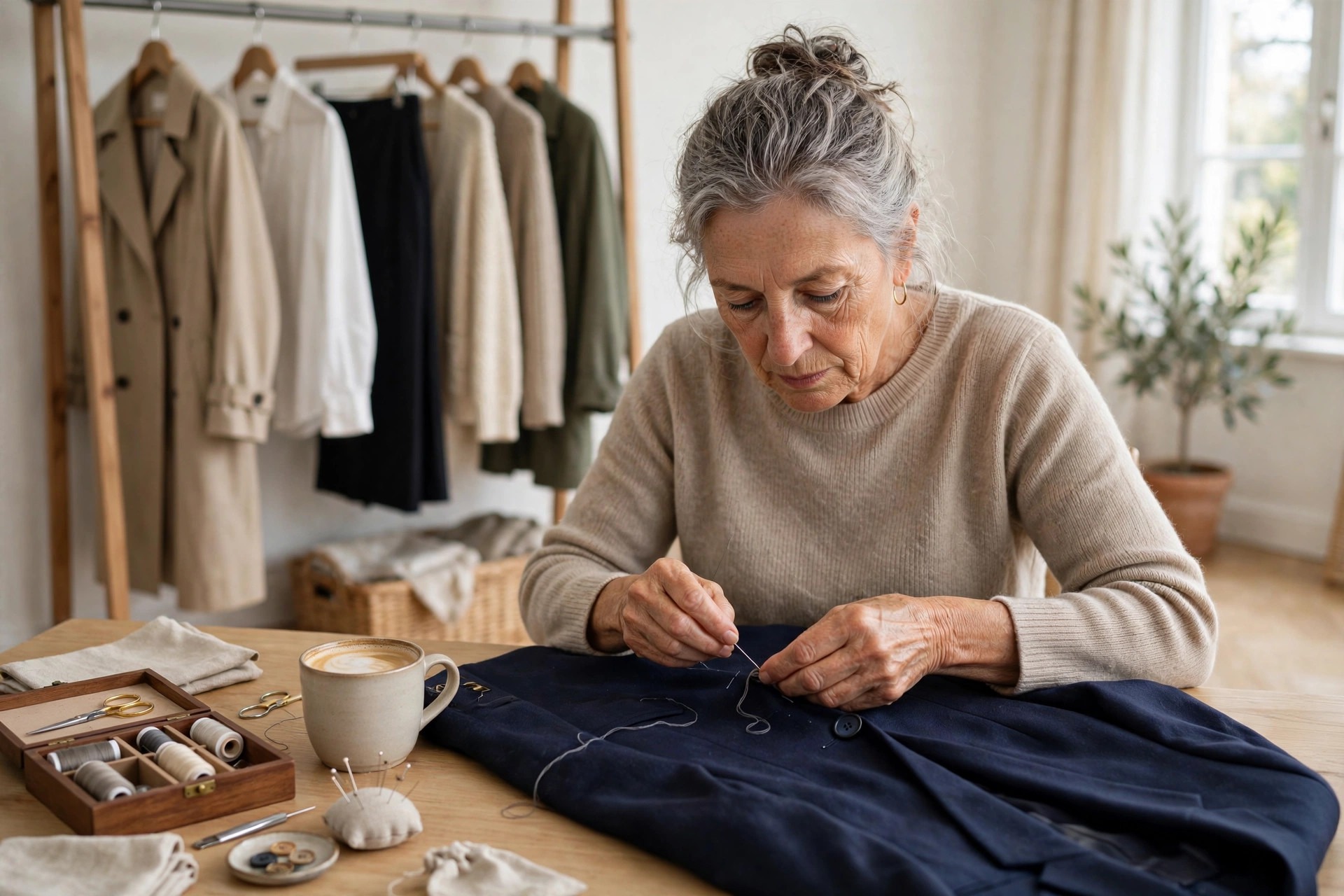 Woman over 50 sewing a button onto a navy blazer at a table with a sewing kit, coffee and her wardrobe rail behind her