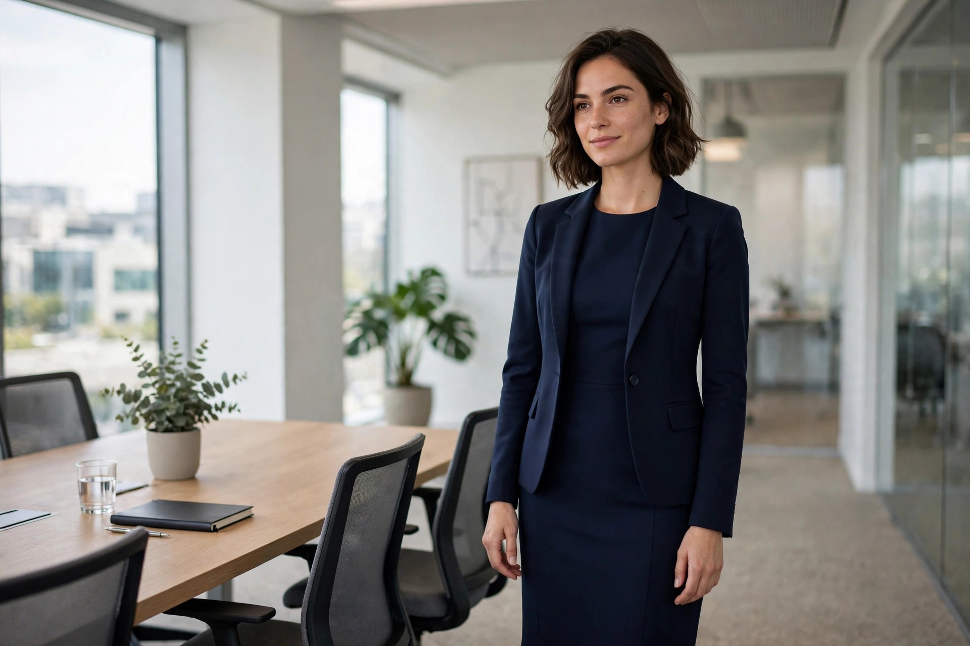 A young woman in a navy sheath dress and blazer beside a conference table