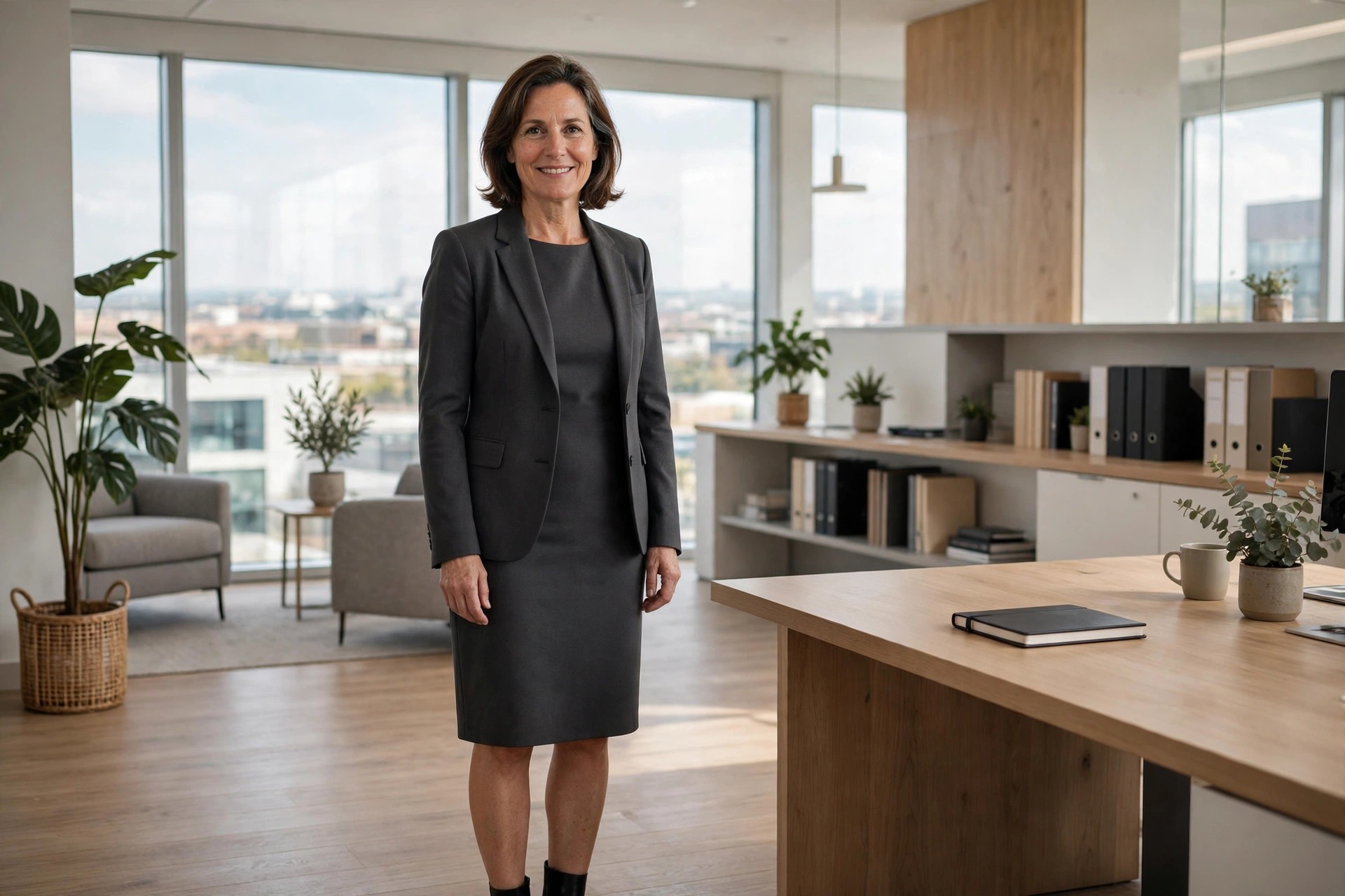 A woman in a smooth charcoal dress and blazer standing in an office