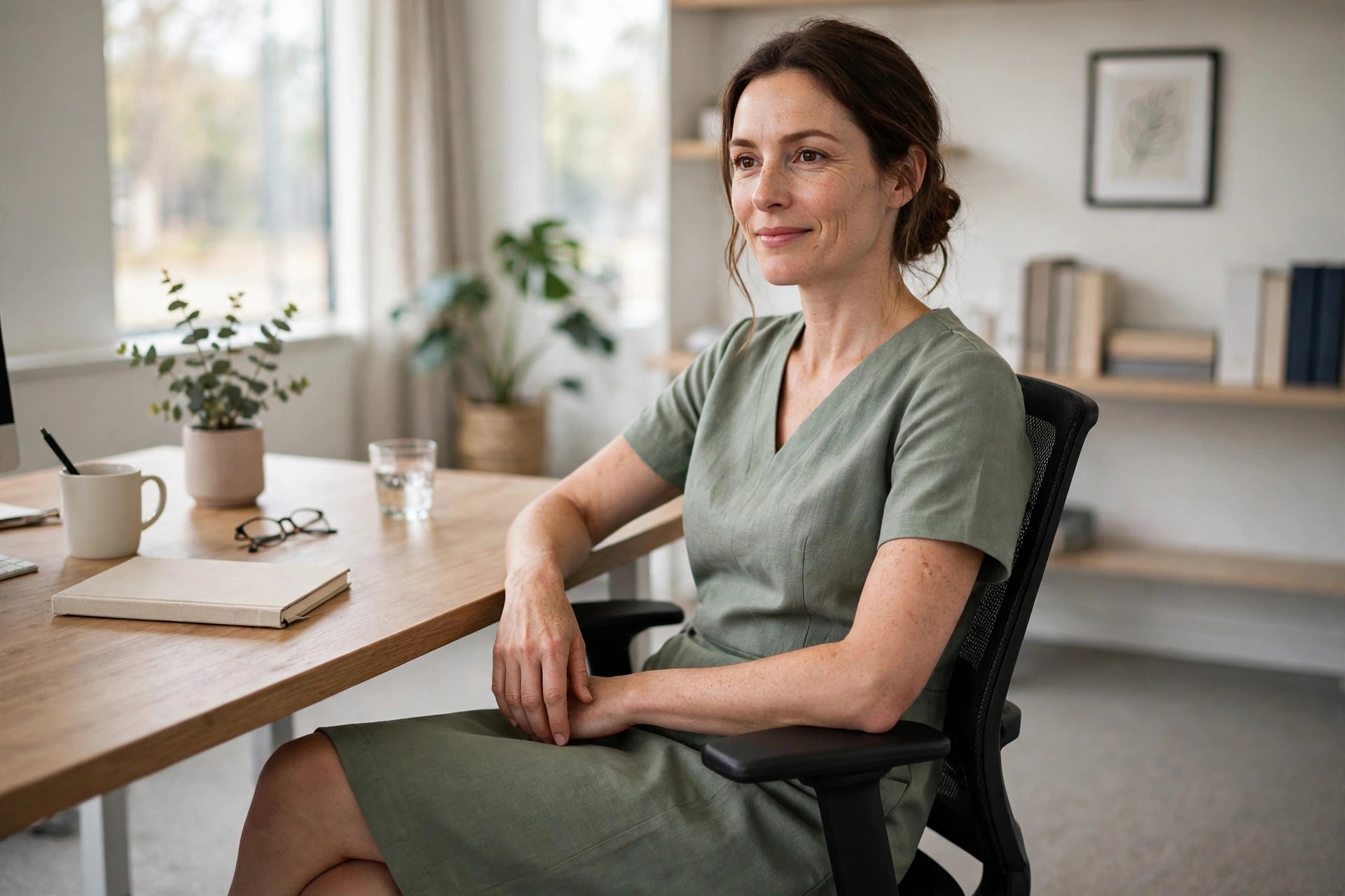 A woman sitting comfortably in a knee-length A-line dress at an office desk