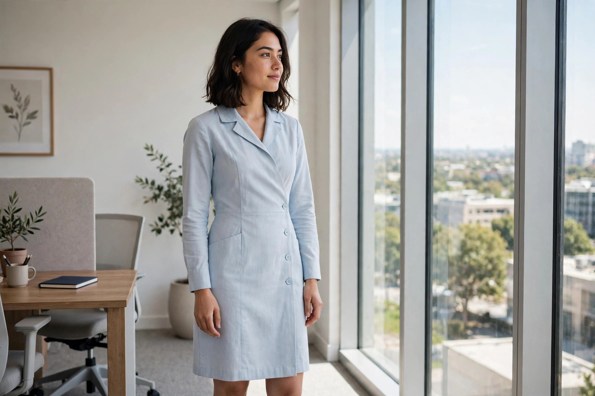A woman in a lined pale blue dress standing near an office window