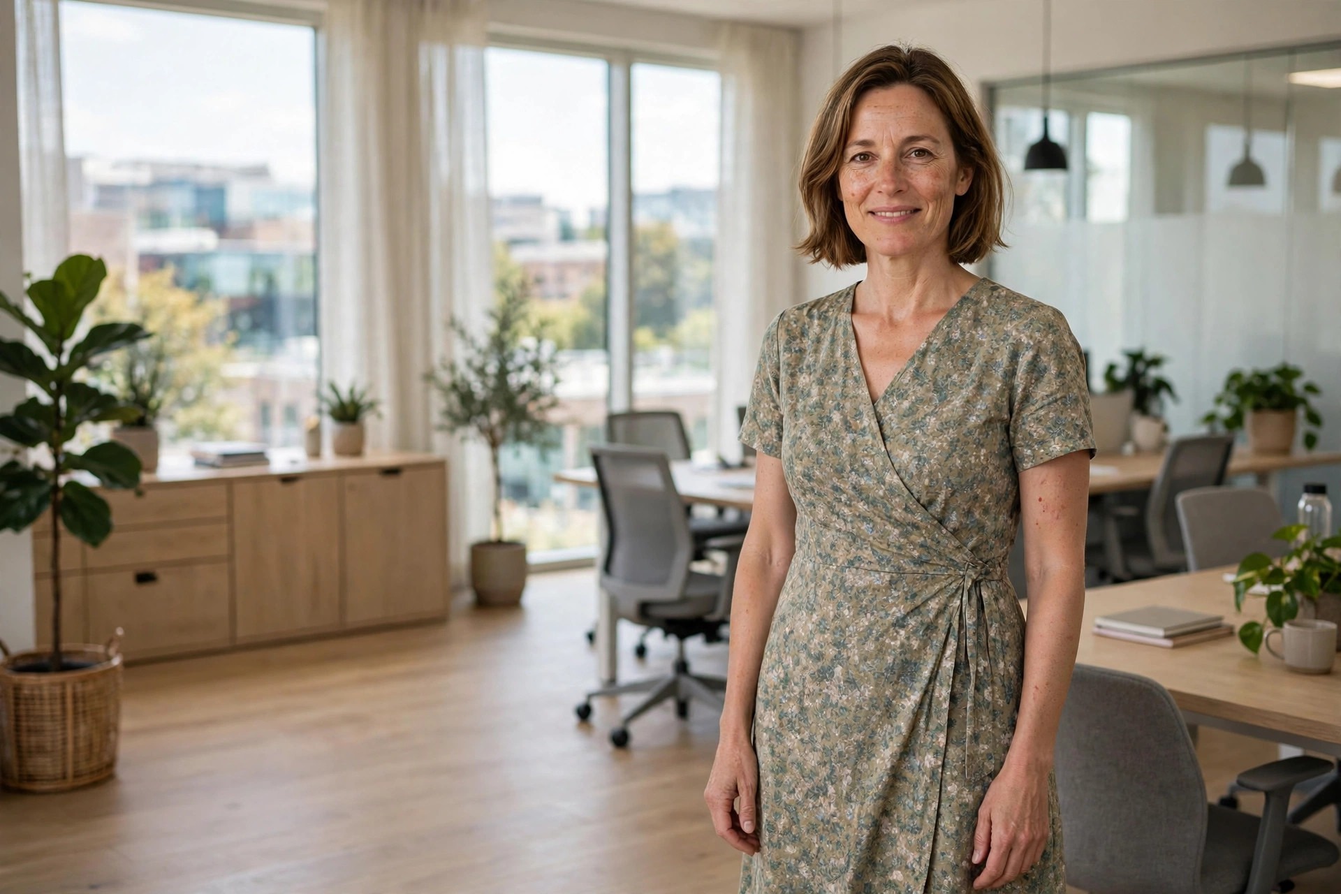 A woman in a dress with a small floral print in an office