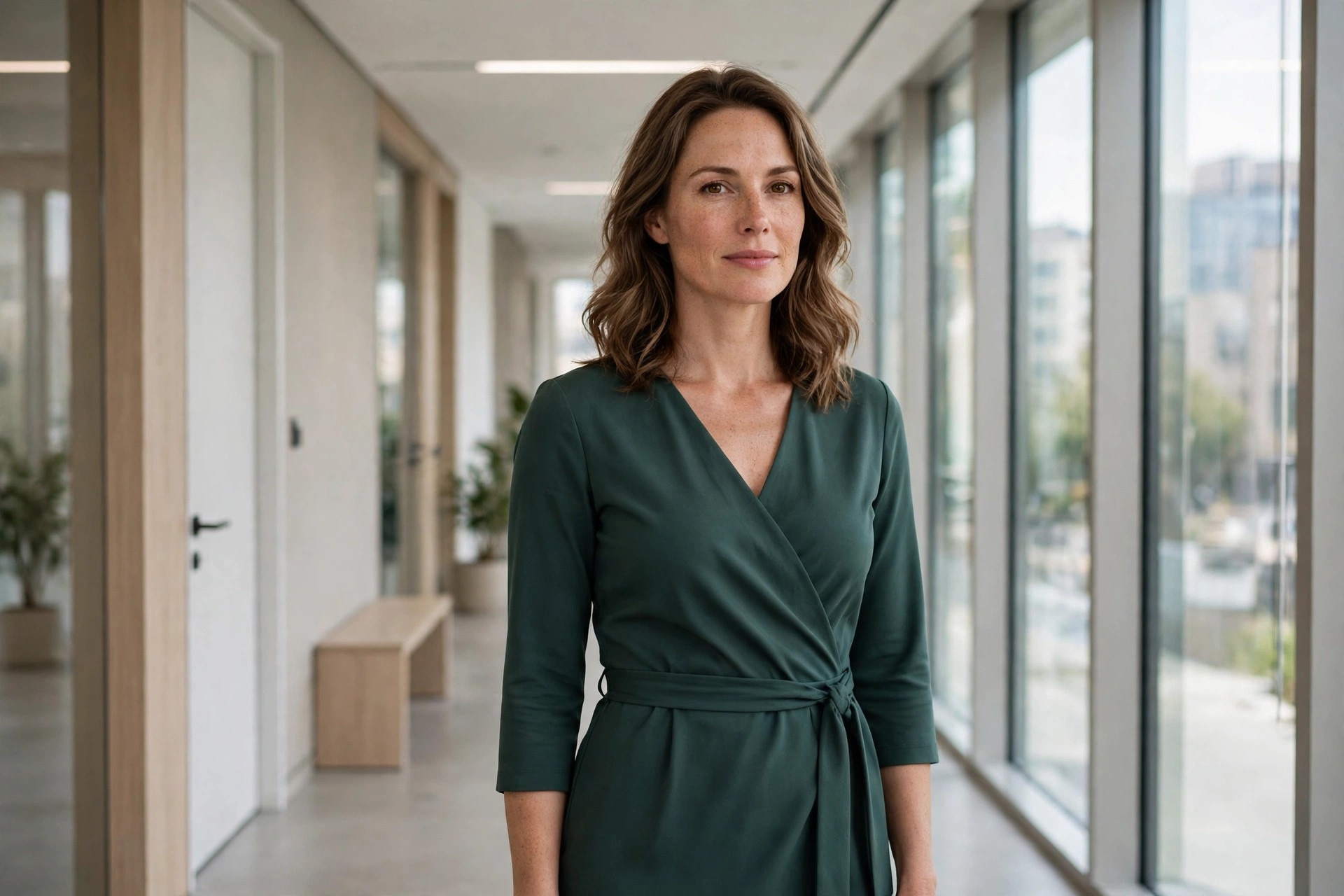 A woman in a well-fitting wrap dress in an office hallway