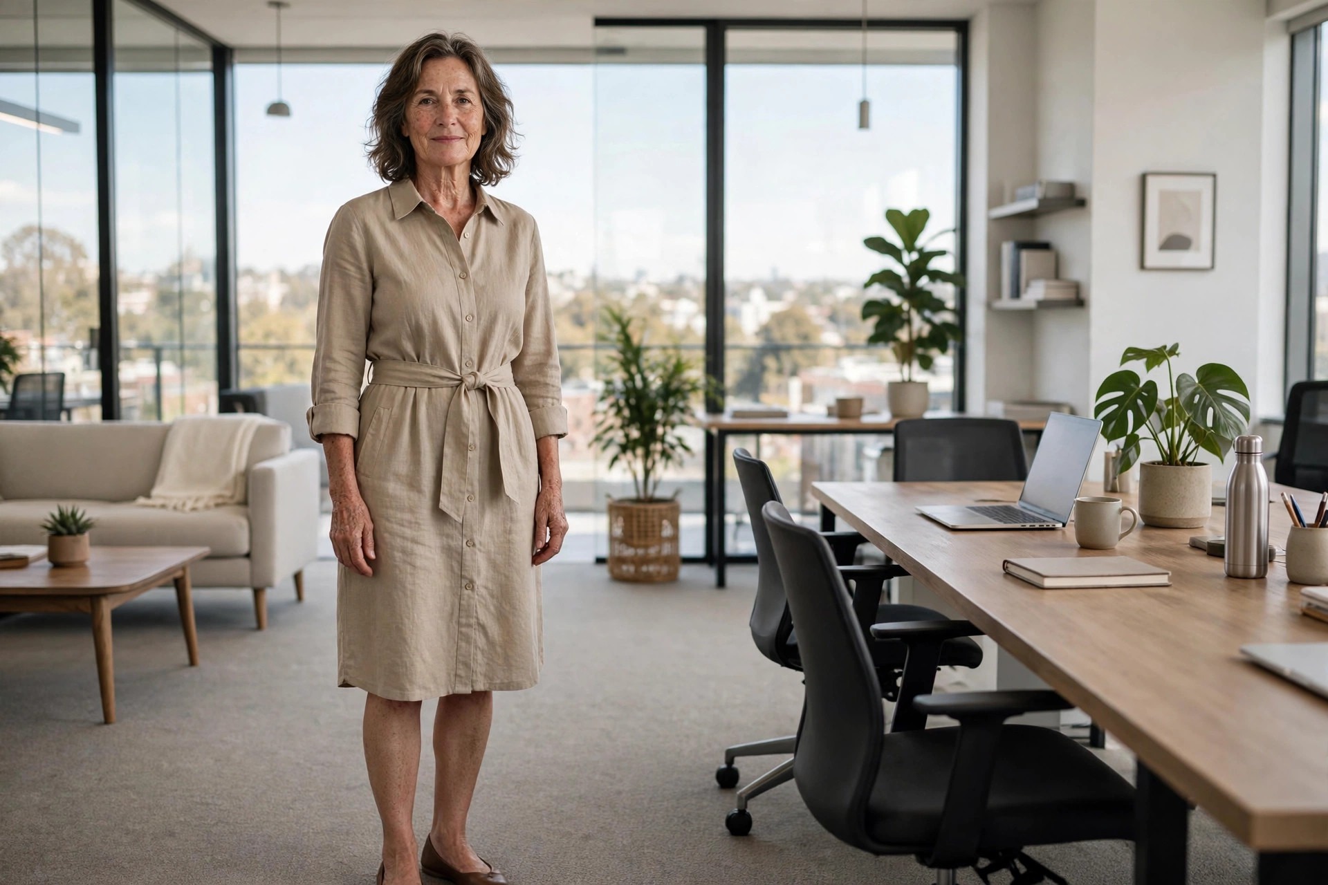 A woman in a belted shirt dress standing in an office