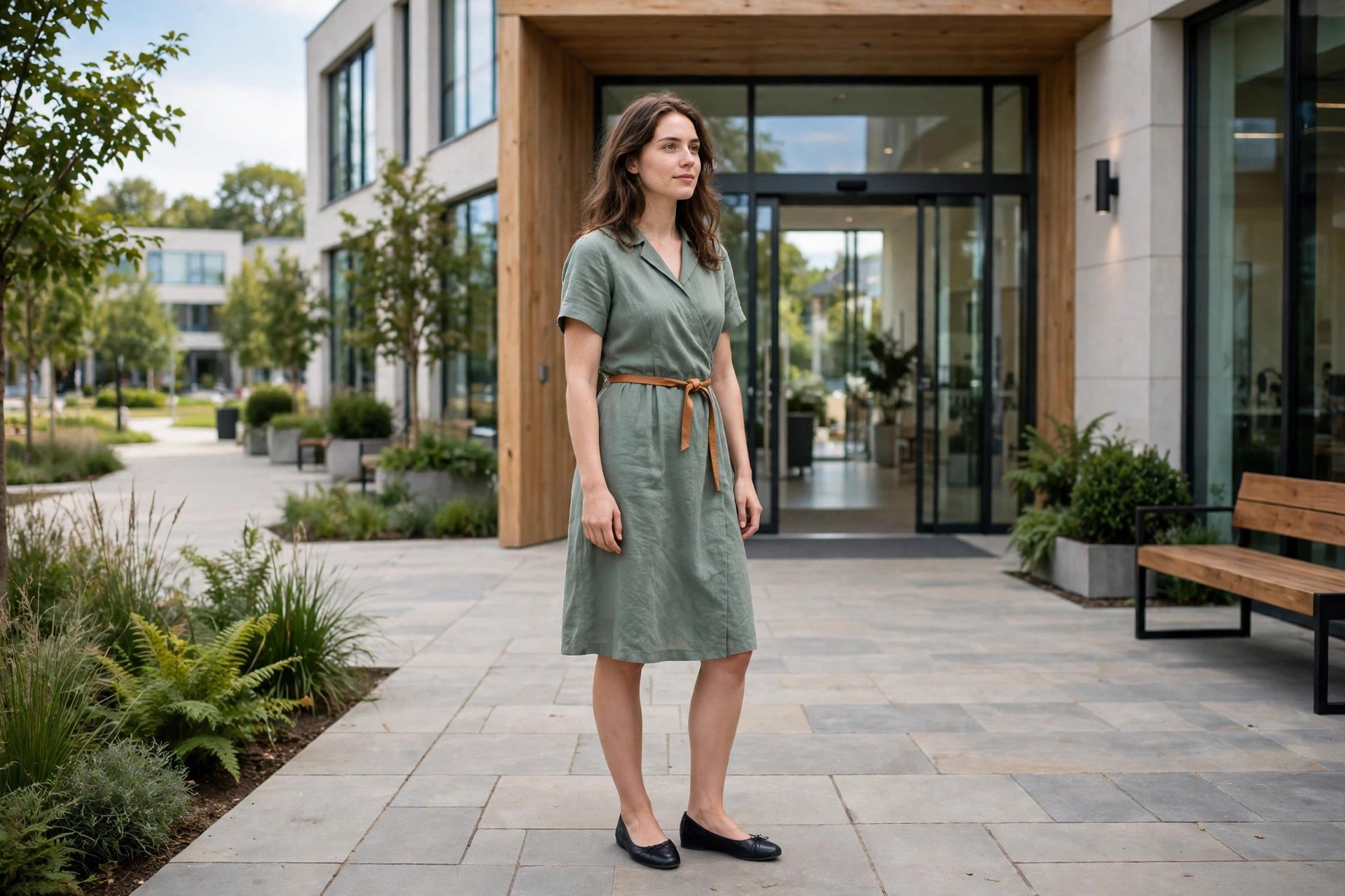 A young woman in a work dress and closed-toe flats at an office entrance