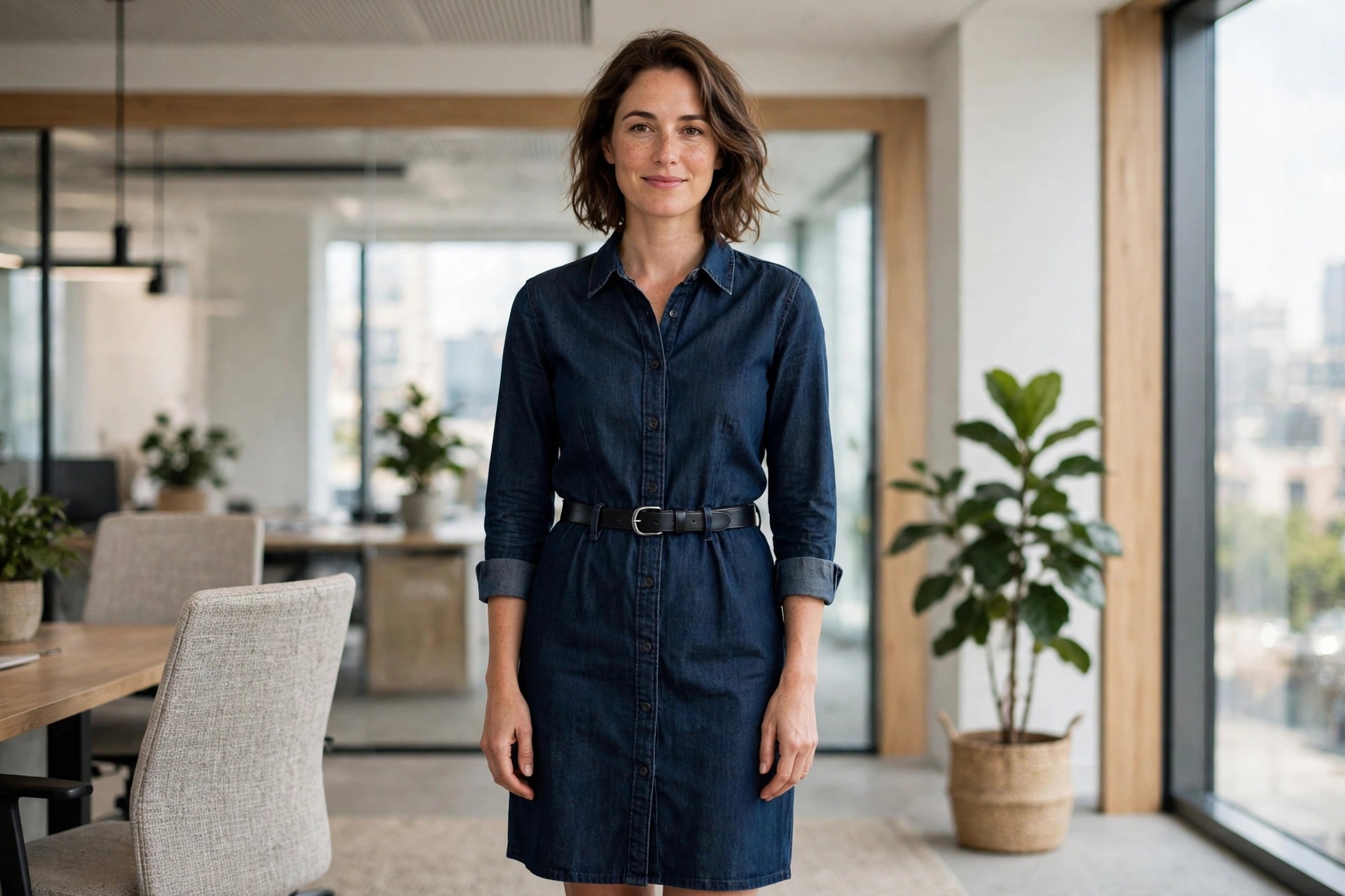 A woman in a dark denim shirt dress with a belt in an office