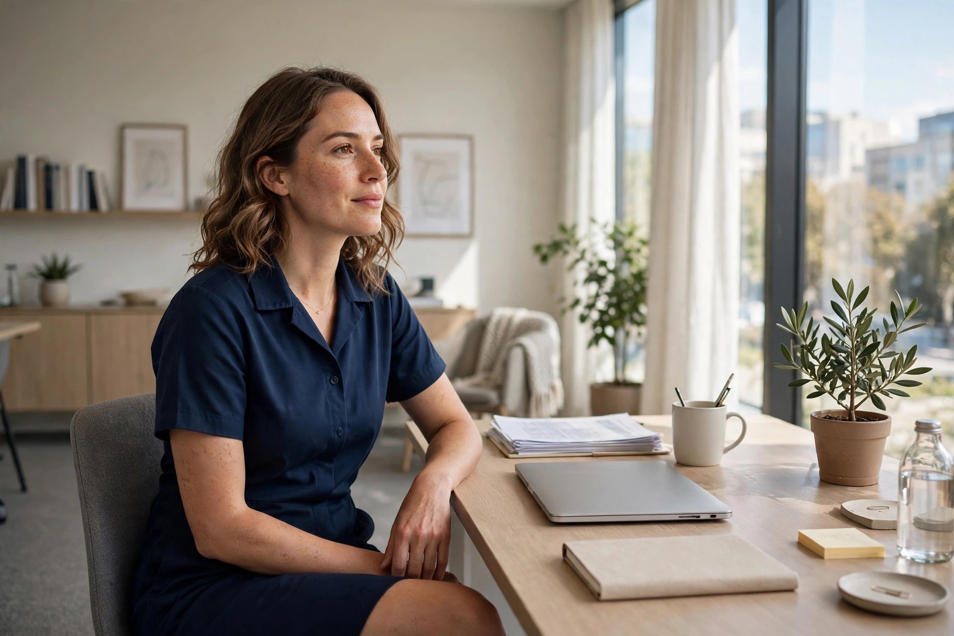 A woman in a simple dress with one necklace seated at an office desk