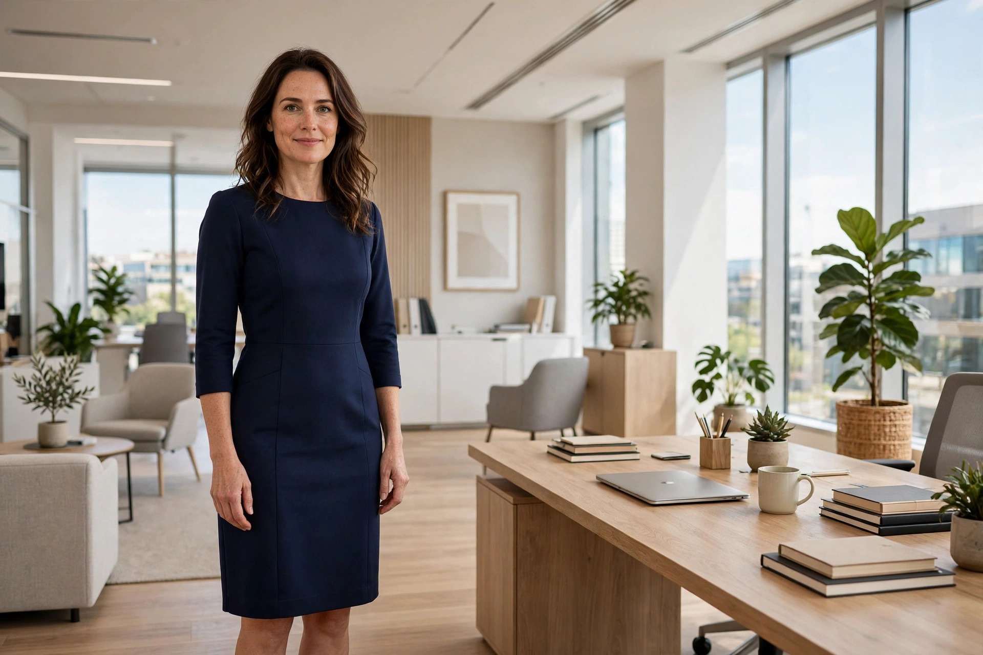 A woman in a structured ponte knit dress standing in an office