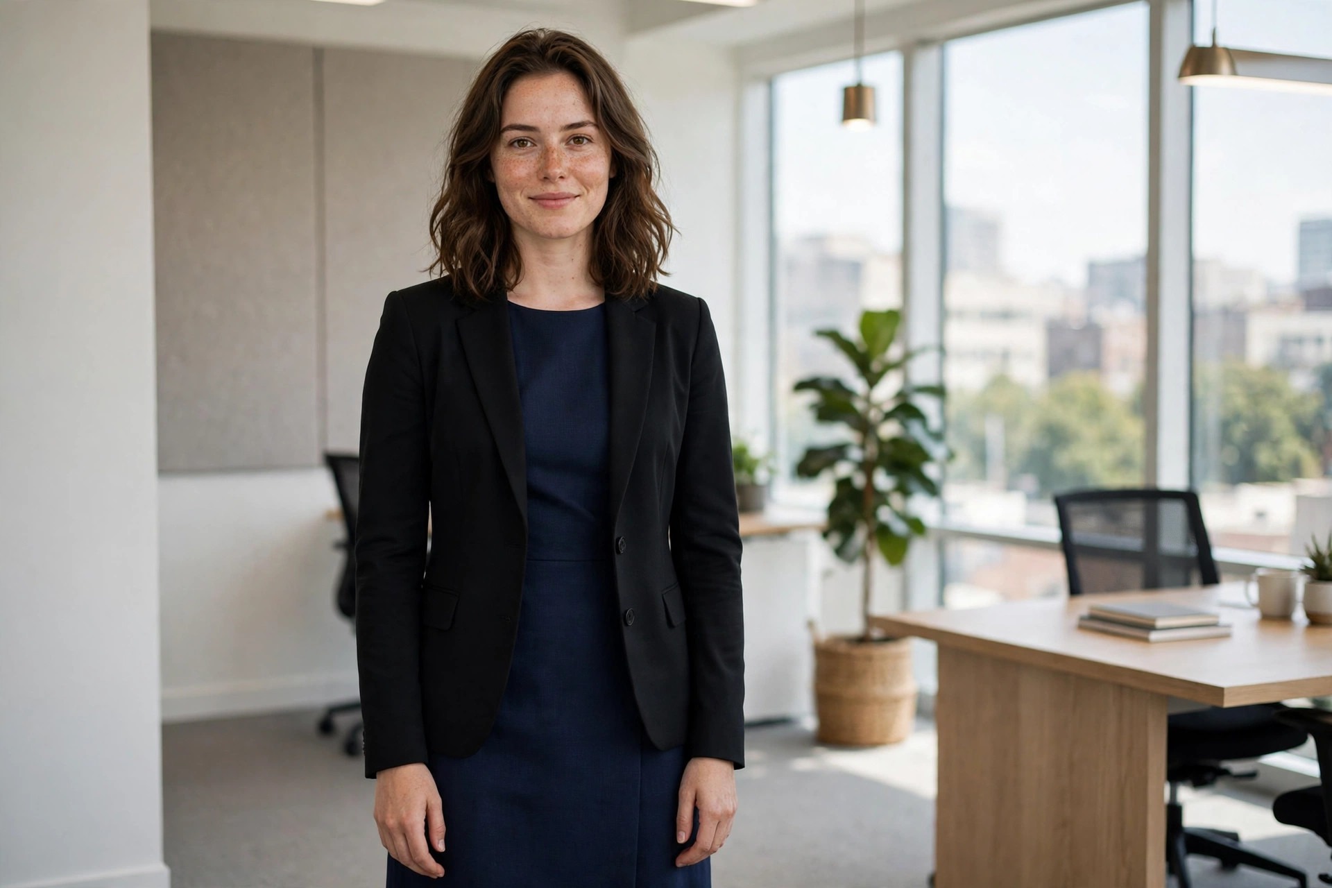 A young woman in a dress and tailored blazer in an office