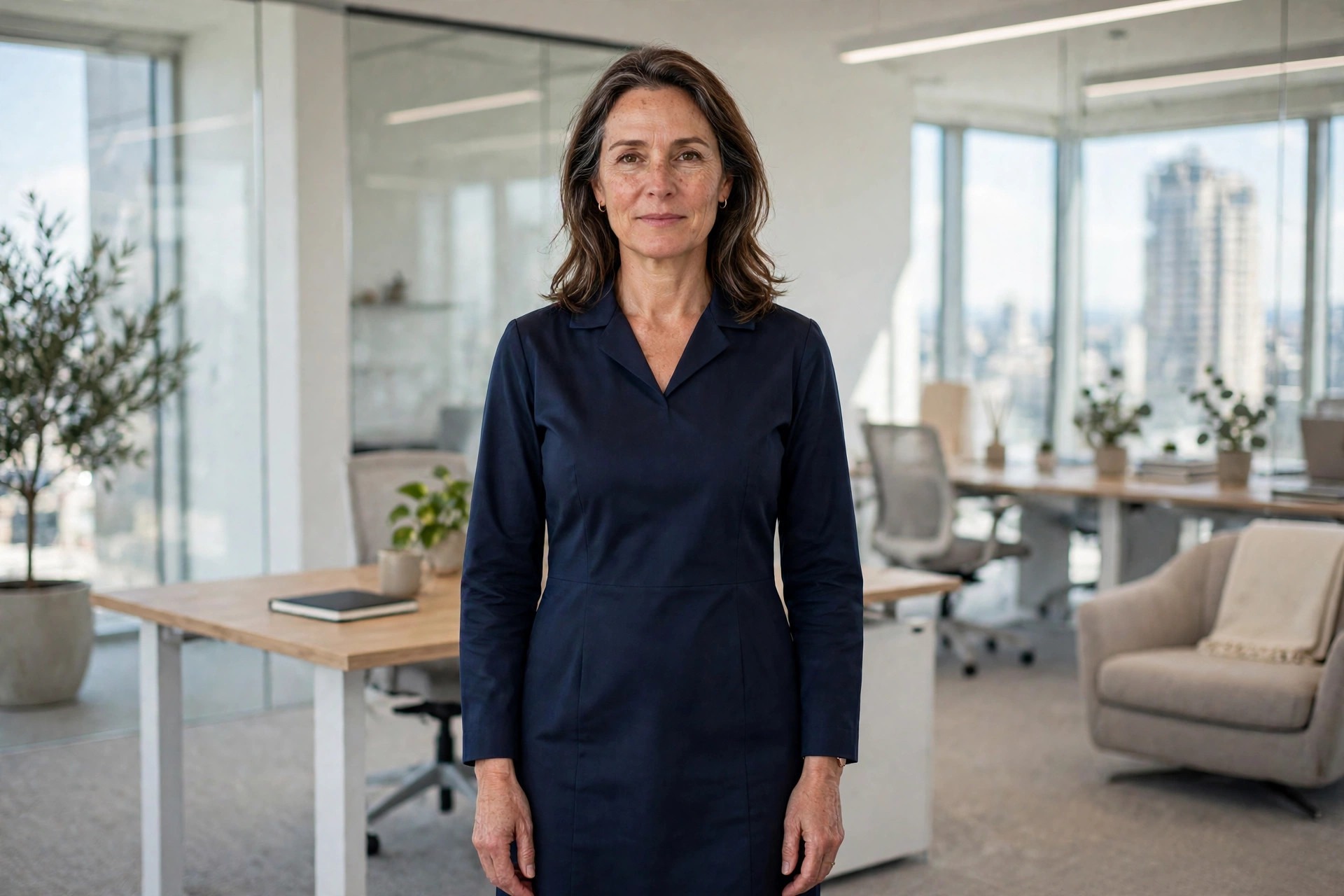 A woman in a well-kept dark dress standing in an office