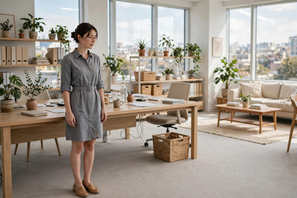 Petite woman in a gray belted shirt dress with rolled elbow sleeves and tan loafers, office