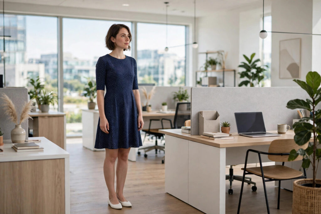 Petite woman in a navy A-line dress with a small white dot print, hem above the knee, white flats, office
